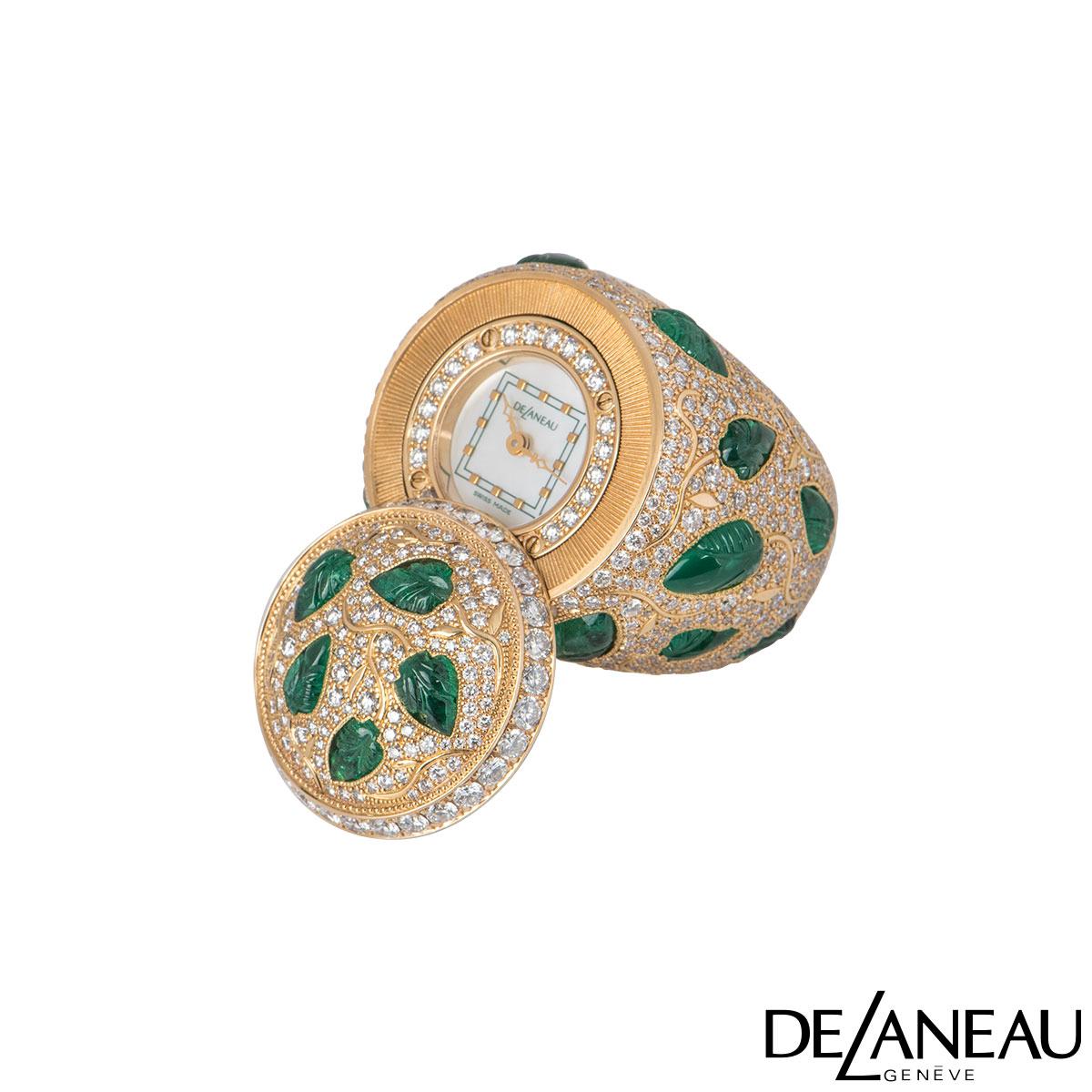 Women's or Men's Rare DeLaneau Rose Gold, Diamond and Emerald Ring Watch 7.60 Carat IGR Certified