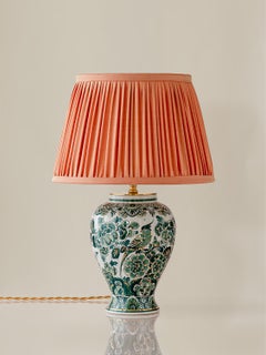Rare Delft Green Table Lamp (1950-1970) with New Pleated Peach Silk Shade