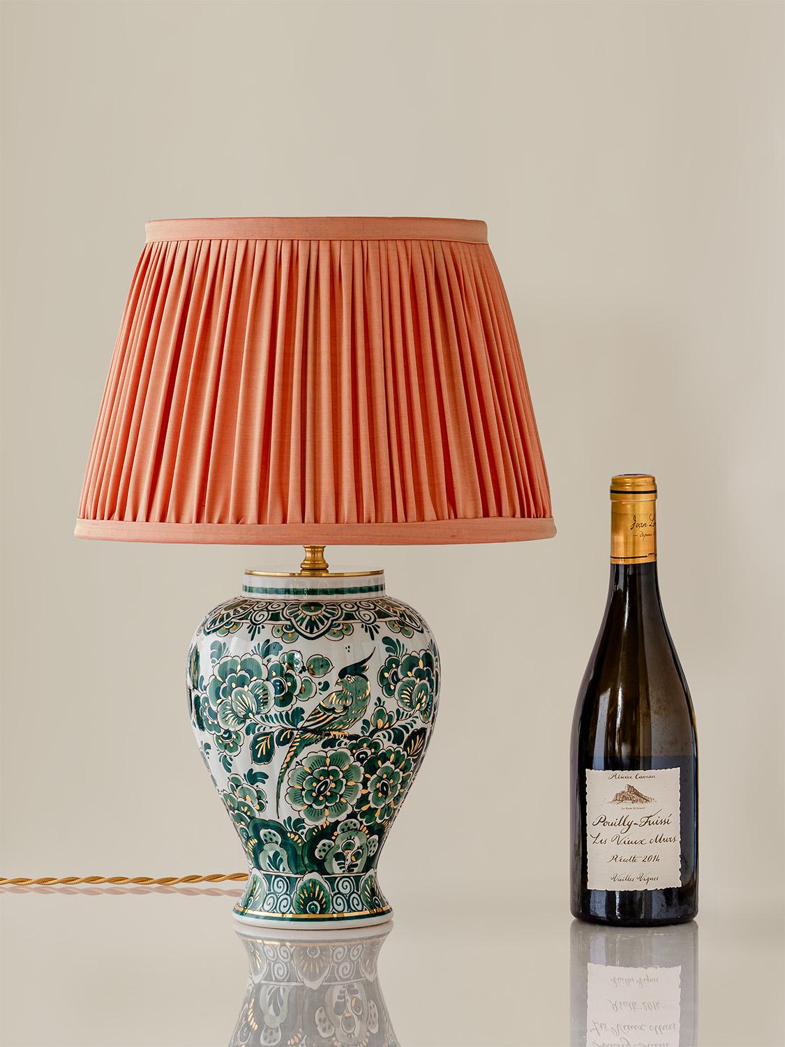 Chinoiserie Rare Delft Green Table Lamp (1950-1970) with New Pleated Peach Silk Shade