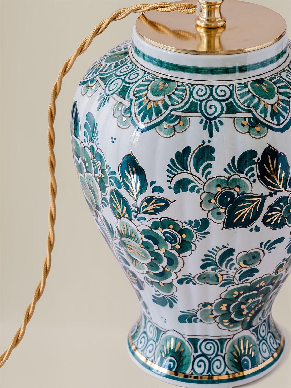 Brass Rare Delft Green Table Lamp (1950-1970) with New Pleated Peach Silk Shade