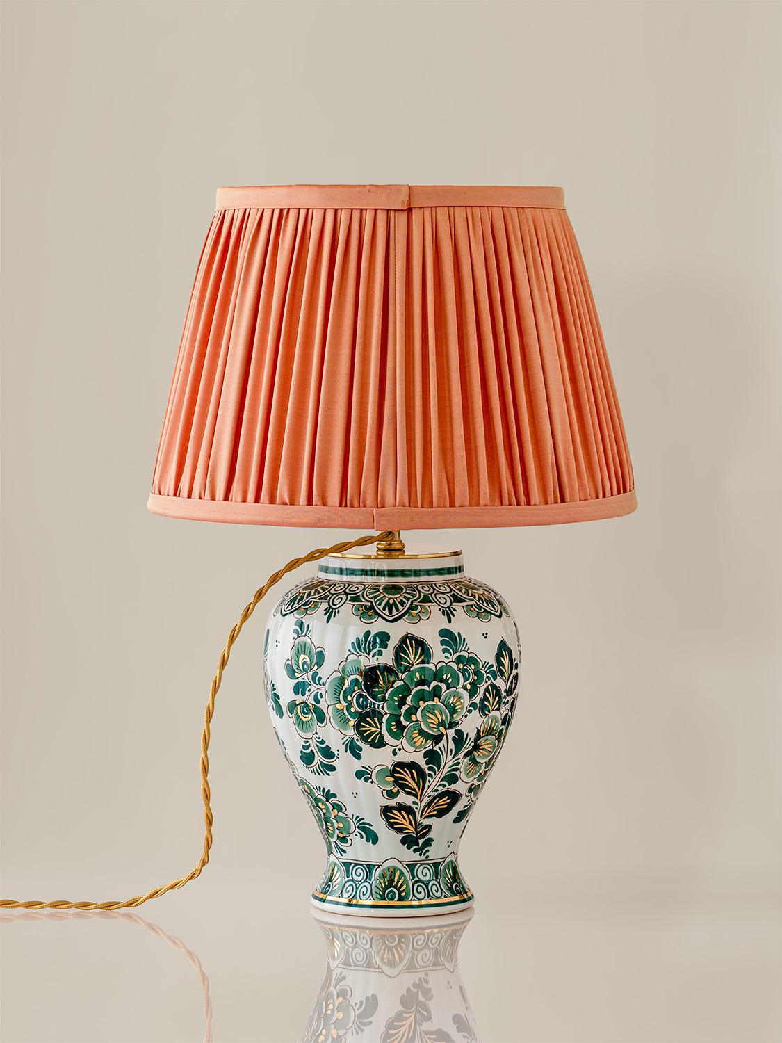 Rare Delft Green Table Lamp (1950-1970) with New Pleated Peach Silk Shade 1