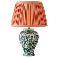 Seltene Delft grüne Tischlampe (1950-1970) mit neuem plissierten Pfirsichseidenschirm