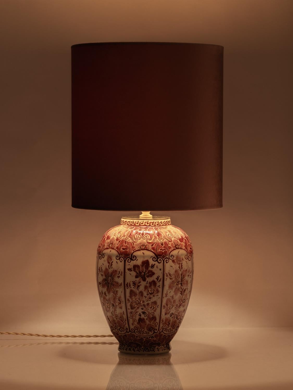 Rare Delft Red Table Lamp (1935-1979) with New Old Rose Velvet Shade 2