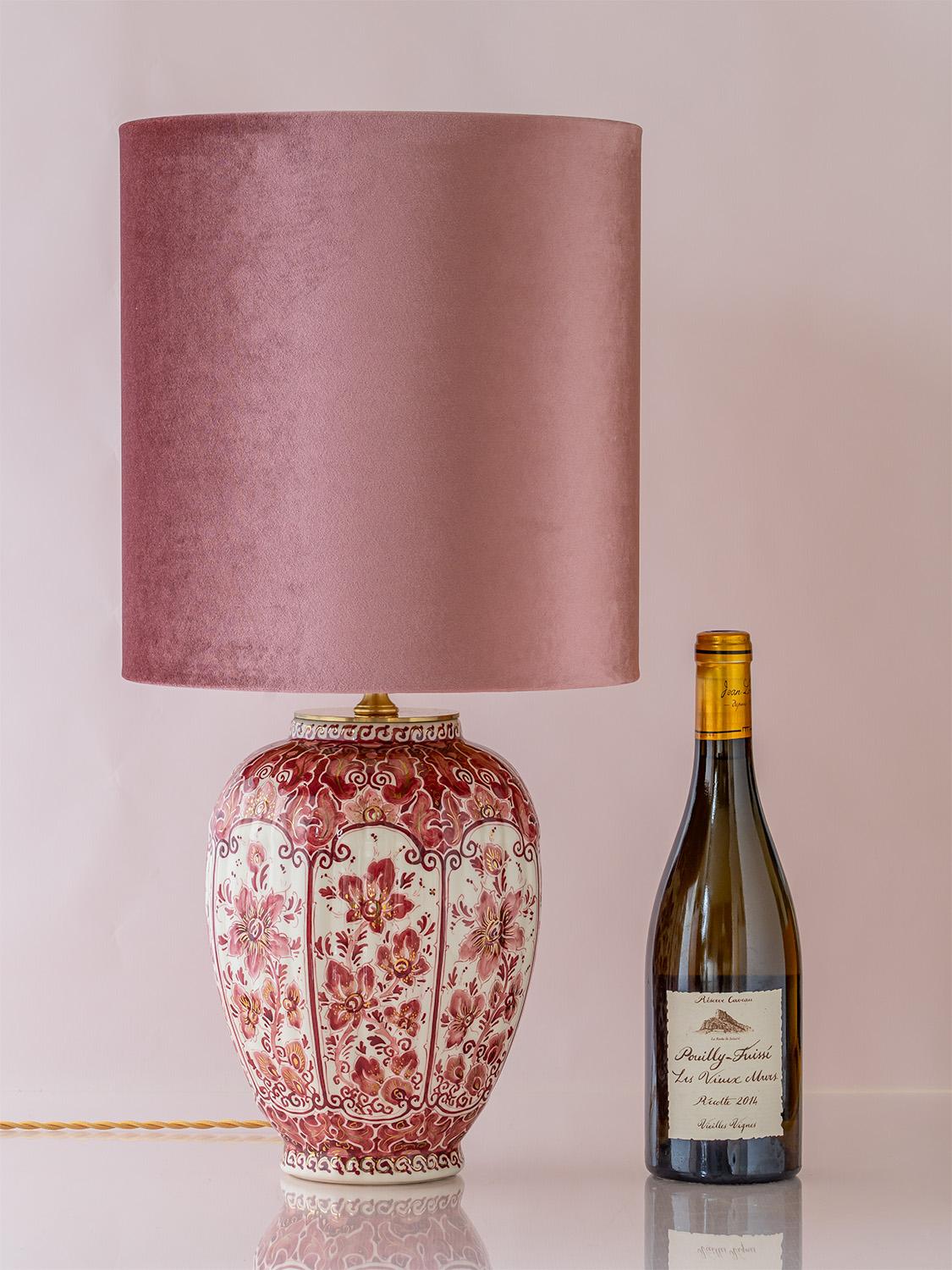 Dutch Rare Delft Red Table Lamp (1935-1979) with New Old Rose Velvet Shade