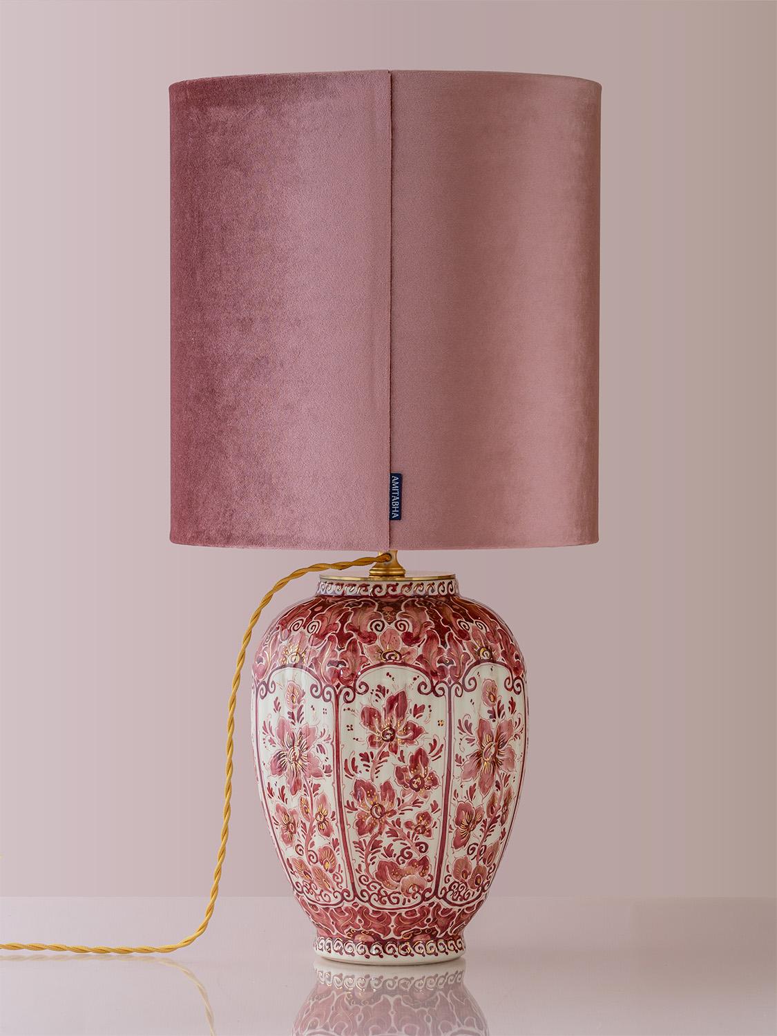 Brass Rare Delft Red Table Lamp (1935-1979) with New Old Rose Velvet Shade