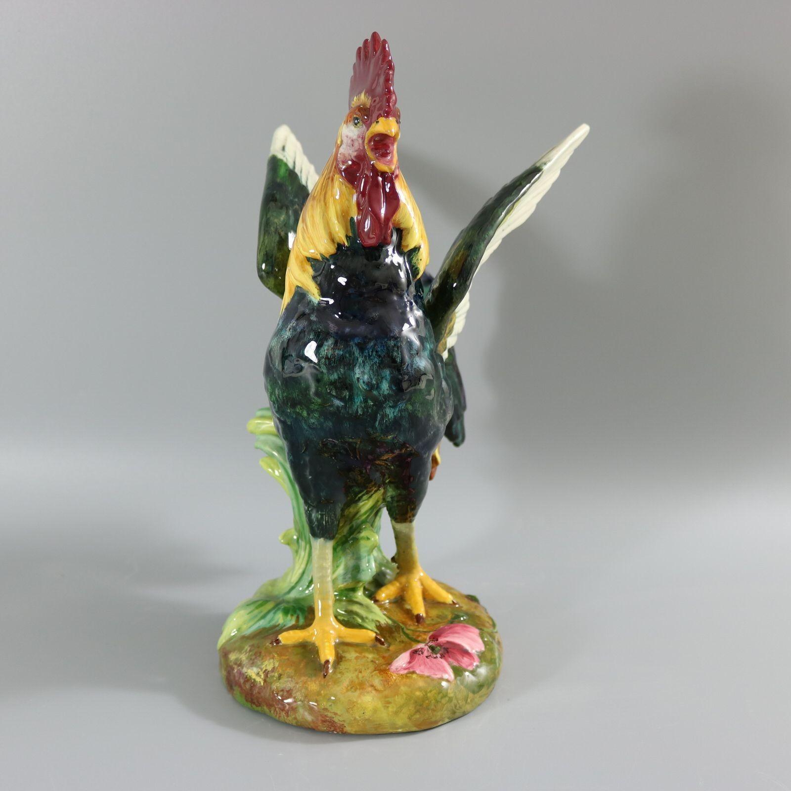 French Rare Delphin Massier Majolica Crowing Rooster Figural Vase For Sale