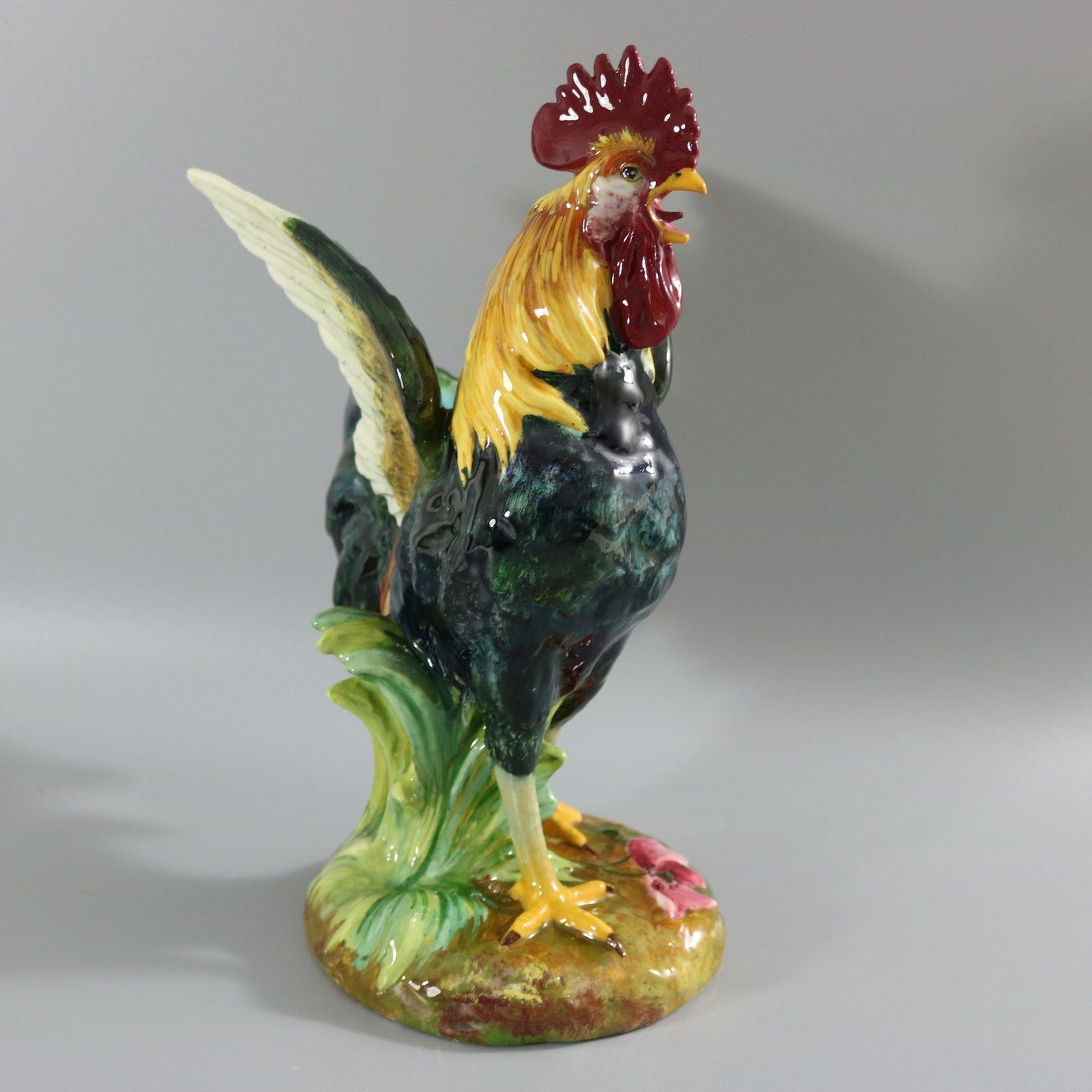 Rare Delphin Massier Majolica Crowing Rooster Figural Vase In Excellent Condition For Sale In Chelmsford, Essex