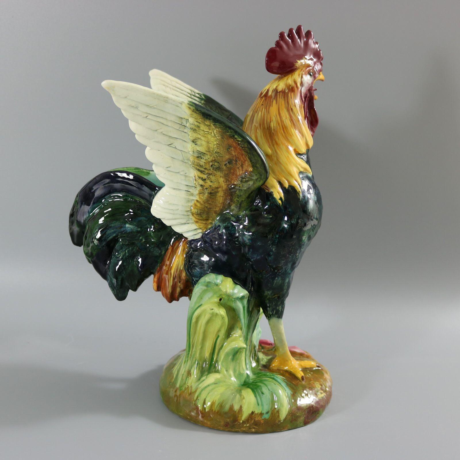 Late 19th Century Rare Delphin Massier Majolica Crowing Rooster Figural Vase For Sale
