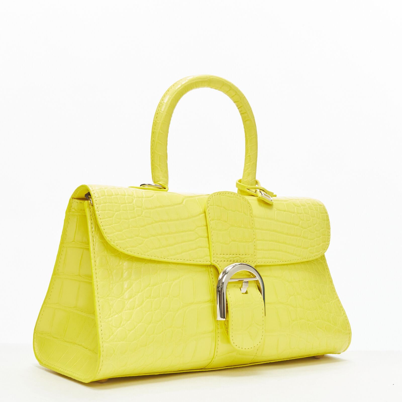rare DELVAUX Brilliant E/W PM Sunshine Citron yellow croc crossbody satchel bag In Excellent Condition For Sale In Hong Kong, NT