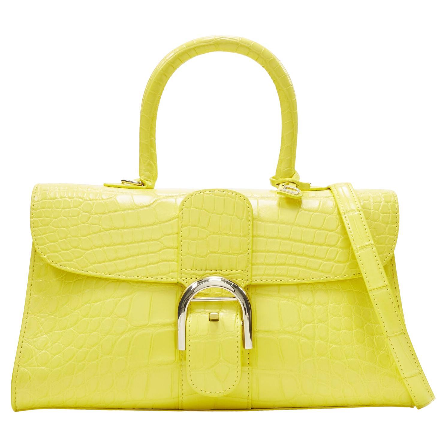 rare DELVAUX Brilliant E/W PM Sunshine Citron yellow croc crossbody satchel bag For Sale
