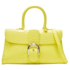 rare DELVAUX Brilliant E/W PM Sunshine Citron yellow croc crossbody satchel bag