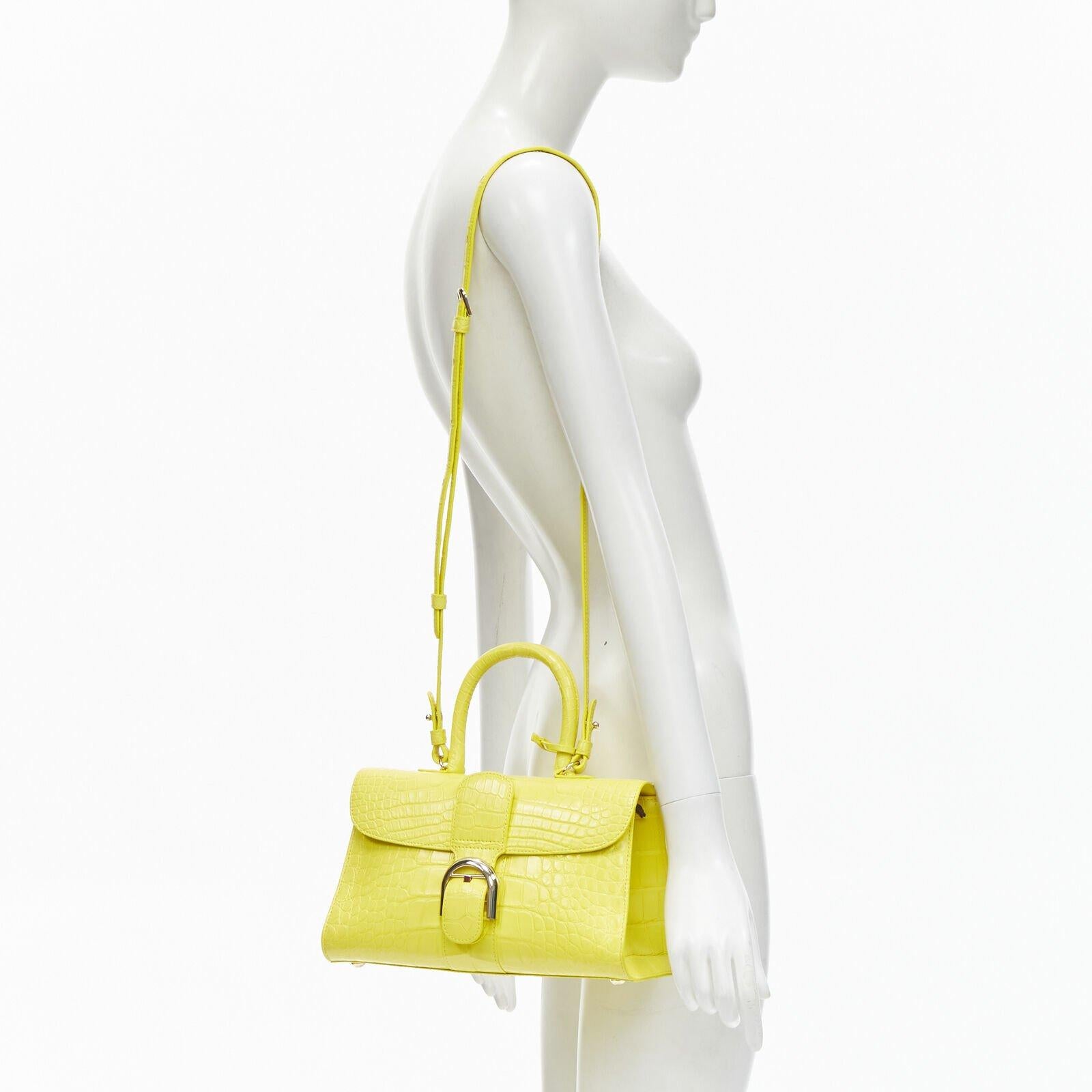 rare DELVAUX Brilliant PM Sunshine Citron yellow scaled leather crossbody bag
Reference: KNLM/A00237
Brand: Delvaux
Model: Brilliant E/W PM
Material: Leather, Blend
Color: Yellow, Silver
Pattern: Solid
Closure: Buckle
Lining:  Leather
Extra Details:
