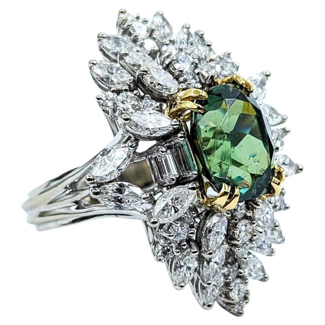 Rare Demantoid Garnet & Diamond Ring in 18k White Gold