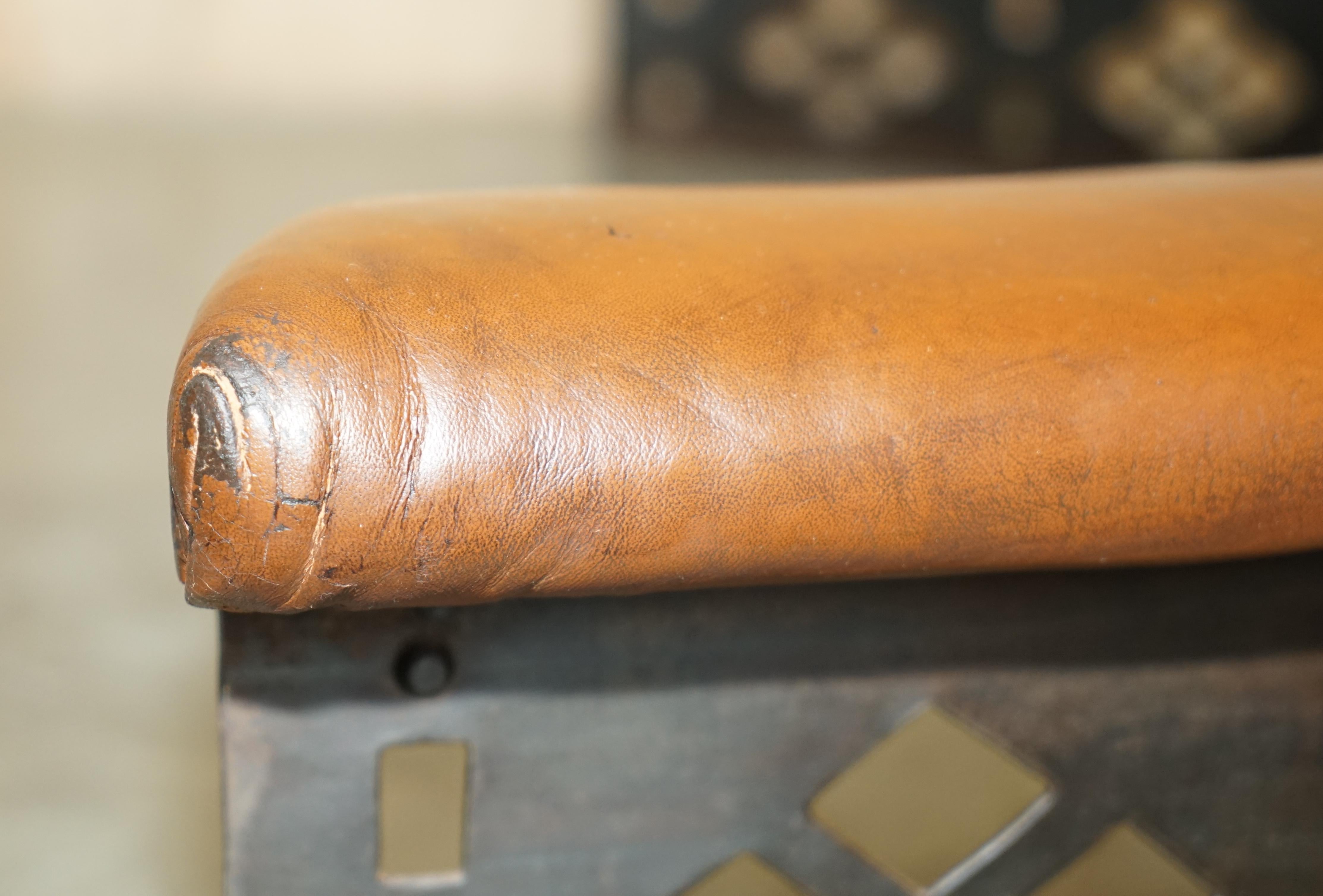 RARE DEMI LUNE ANTiQUE VICTORIAN BROWN LEATHER CLUB FENDER WITH PIERCED METAL For Sale 5