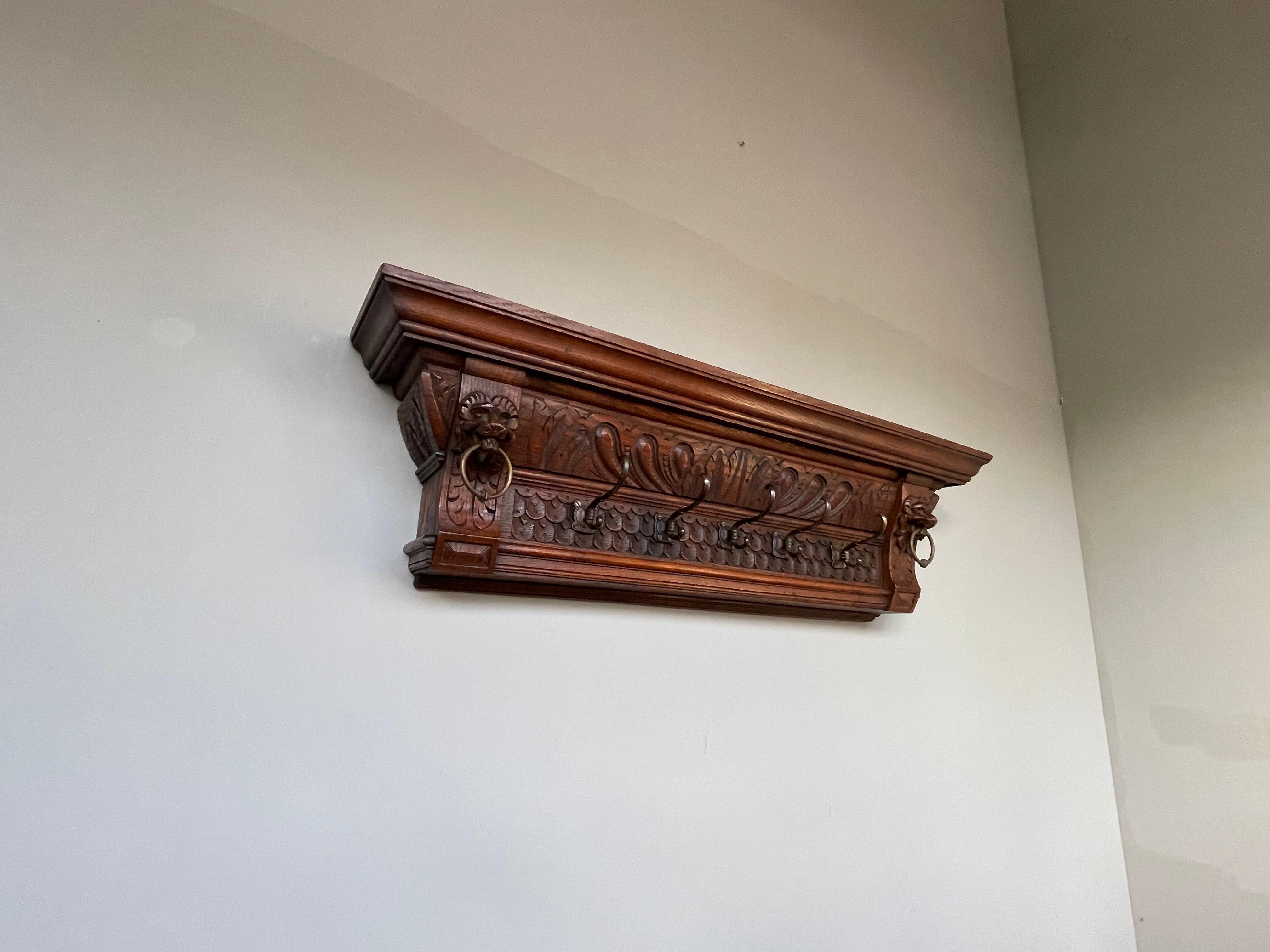 Rare Design 19th Century Renaissance Revival Wall Coat Rack W. Lion Sculptures 13