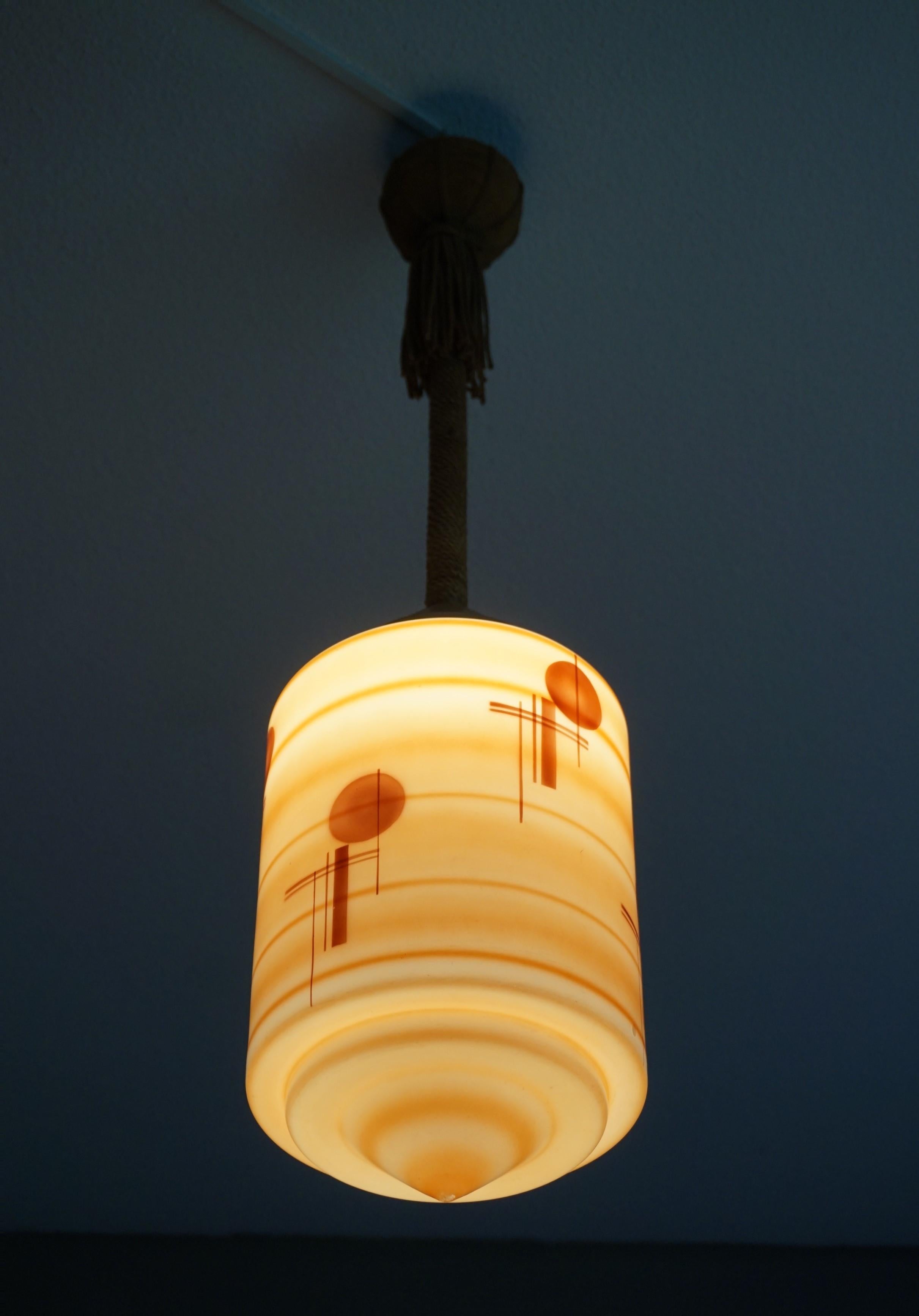 20th Century Rare Design Art Deco Pendant / Light Fixture with Geometrical Motif & Roped Rod