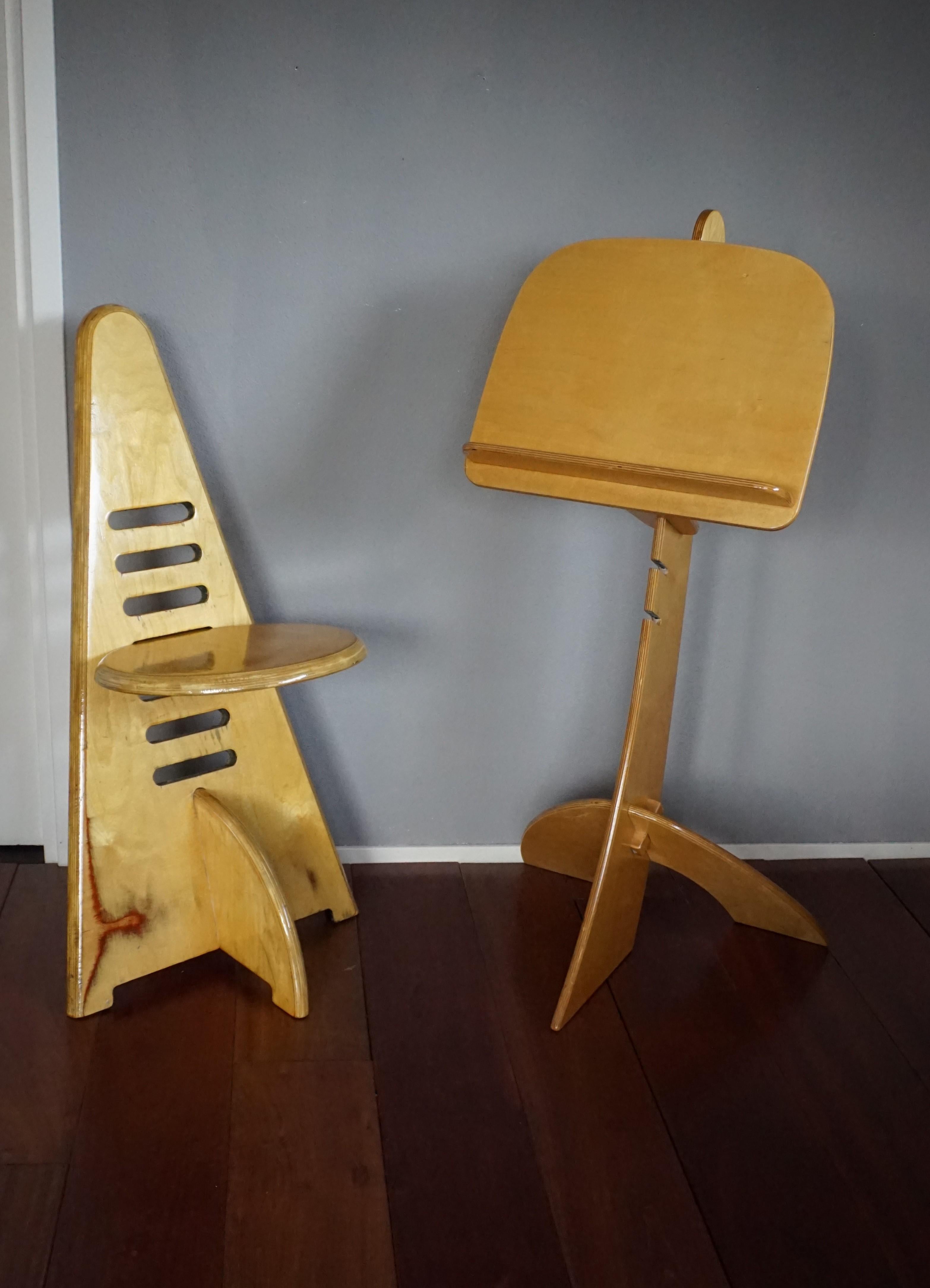 Rare Design & Height Adjustable Mid-Century Modern Plywood Music Chair and Stand 9