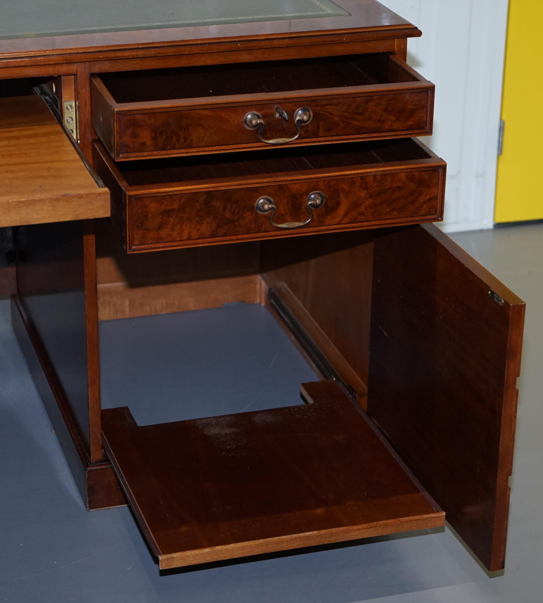 Rare Designed to House Computer Panelled Burr Walnut Green Leather Partner Desk 8
