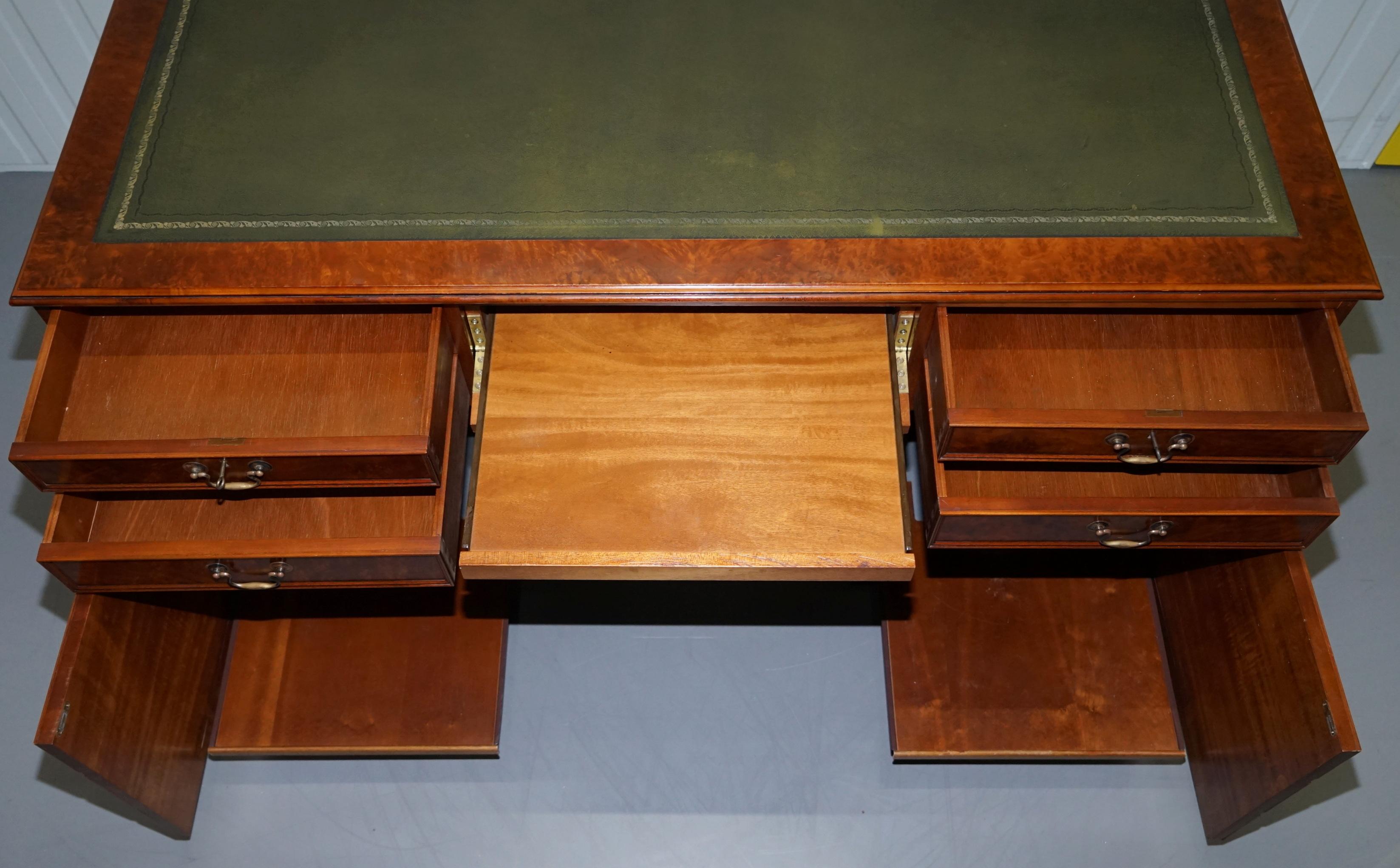 Rare Designed to House Computer Panelled Burr Walnut Green Leather Partner Desk 9