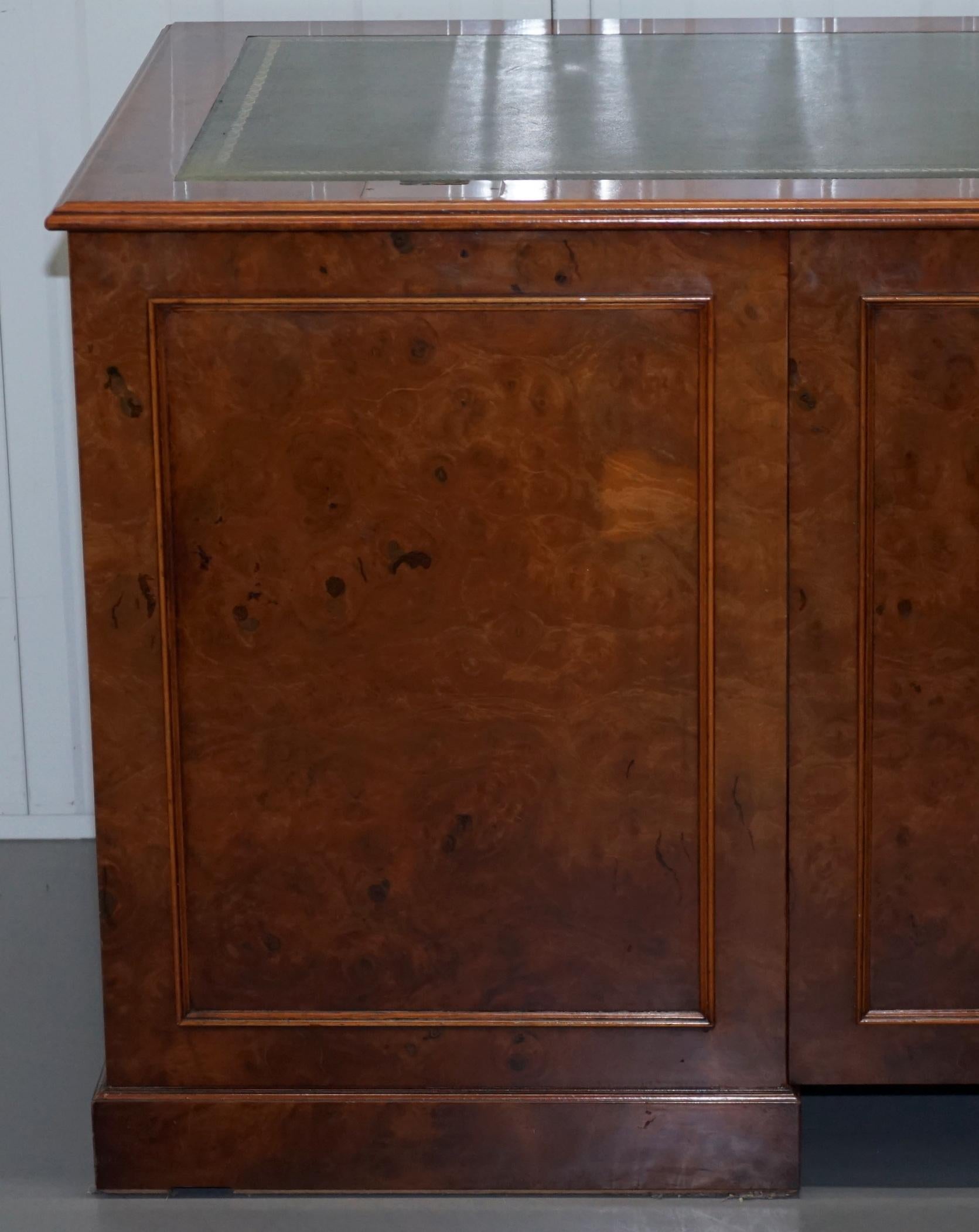 Rare Designed to House Computer Panelled Burr Walnut Green Leather Partner Desk 11