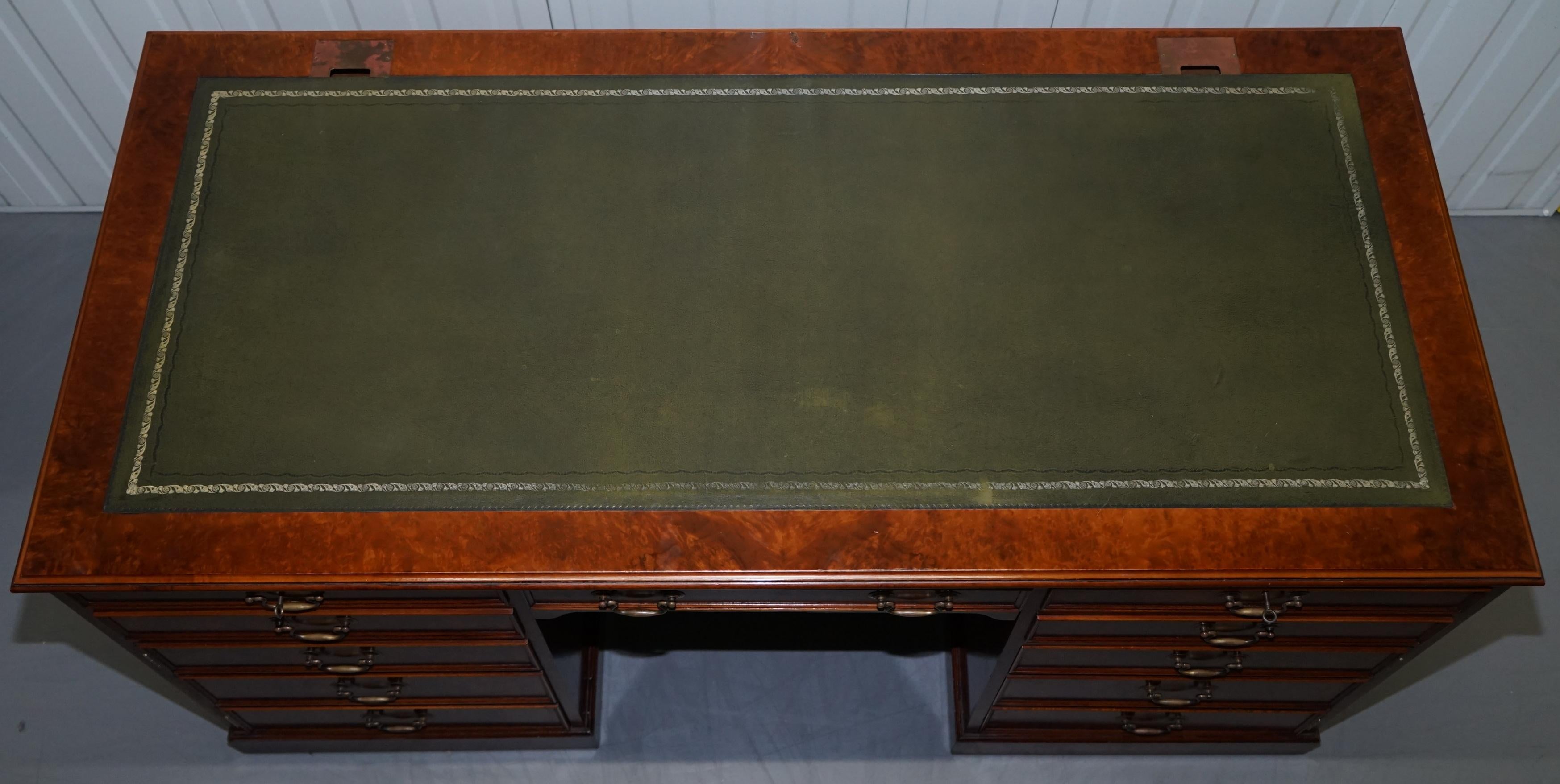 Rare Designed to House Computer Panelled Burr Walnut Green Leather Partner Desk 1