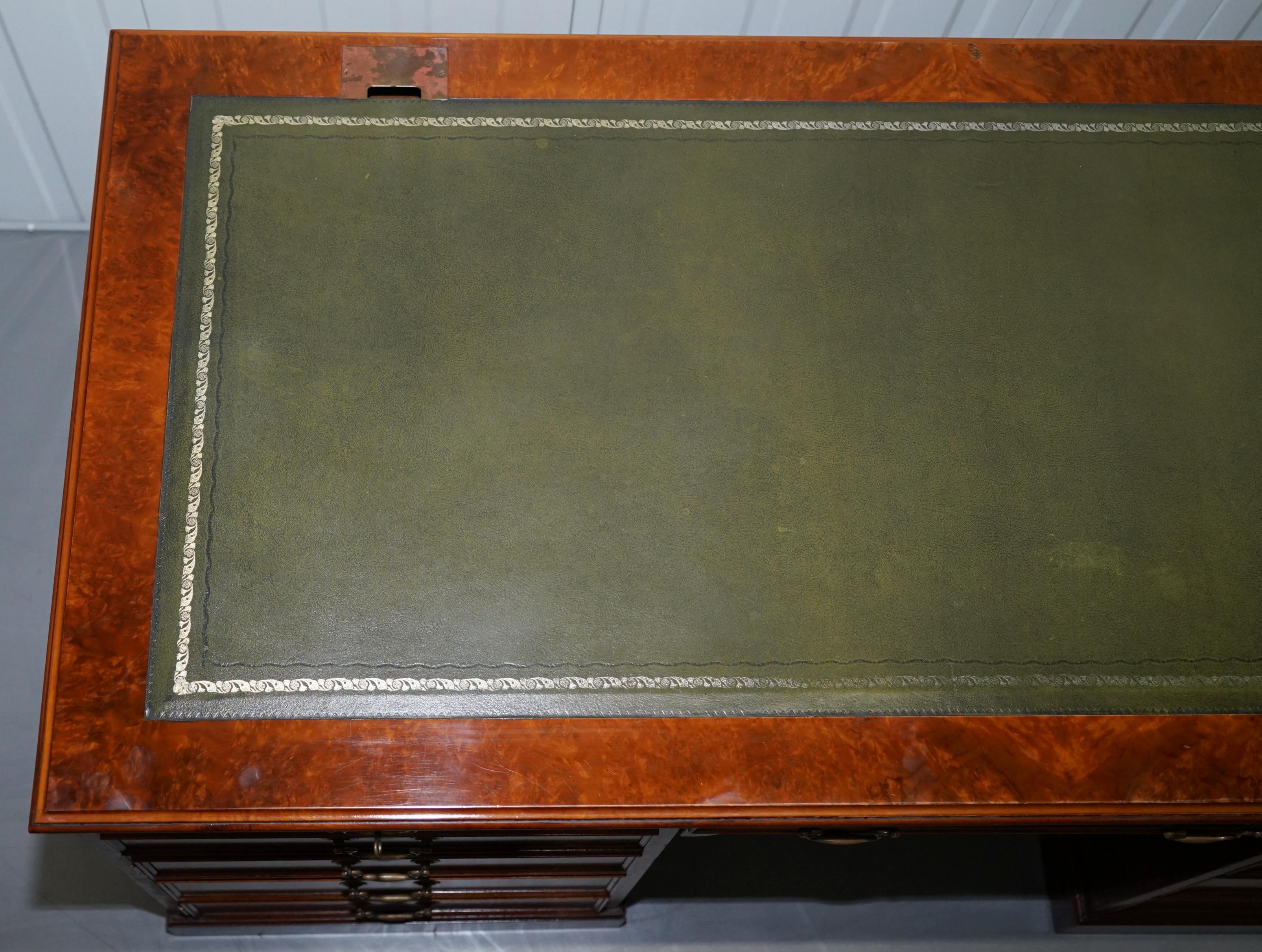 Rare Designed to House Computer Panelled Burr Walnut Green Leather Partner Desk 2