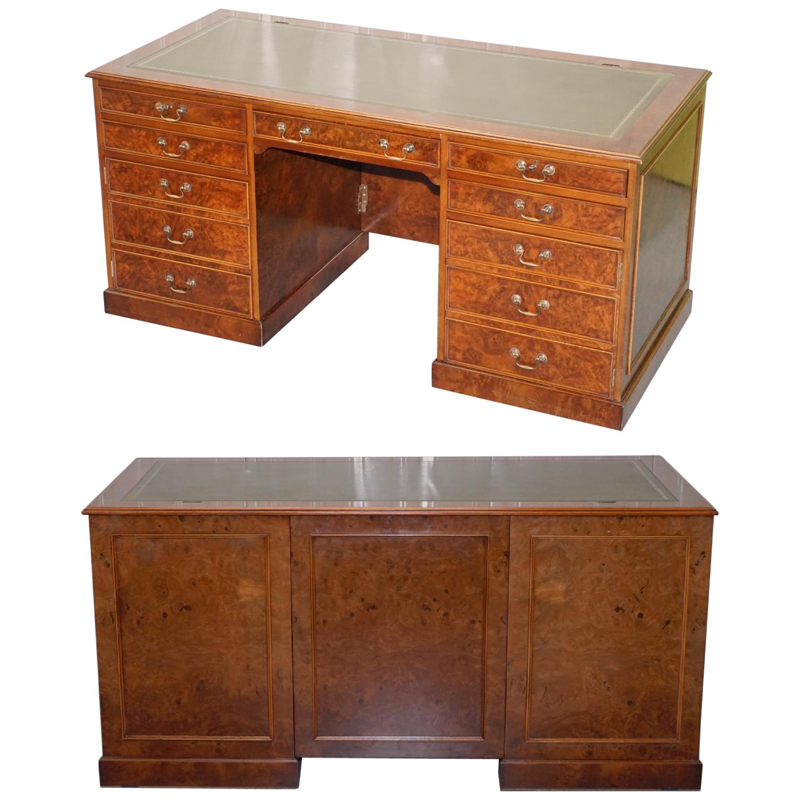 Rare Designed to House Computer Panelled Burr Walnut Green Leather Partner Desk