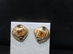 Rare Designer Style 18KT Overlaid Gold Citrine and Sapphire Stone Earrings
