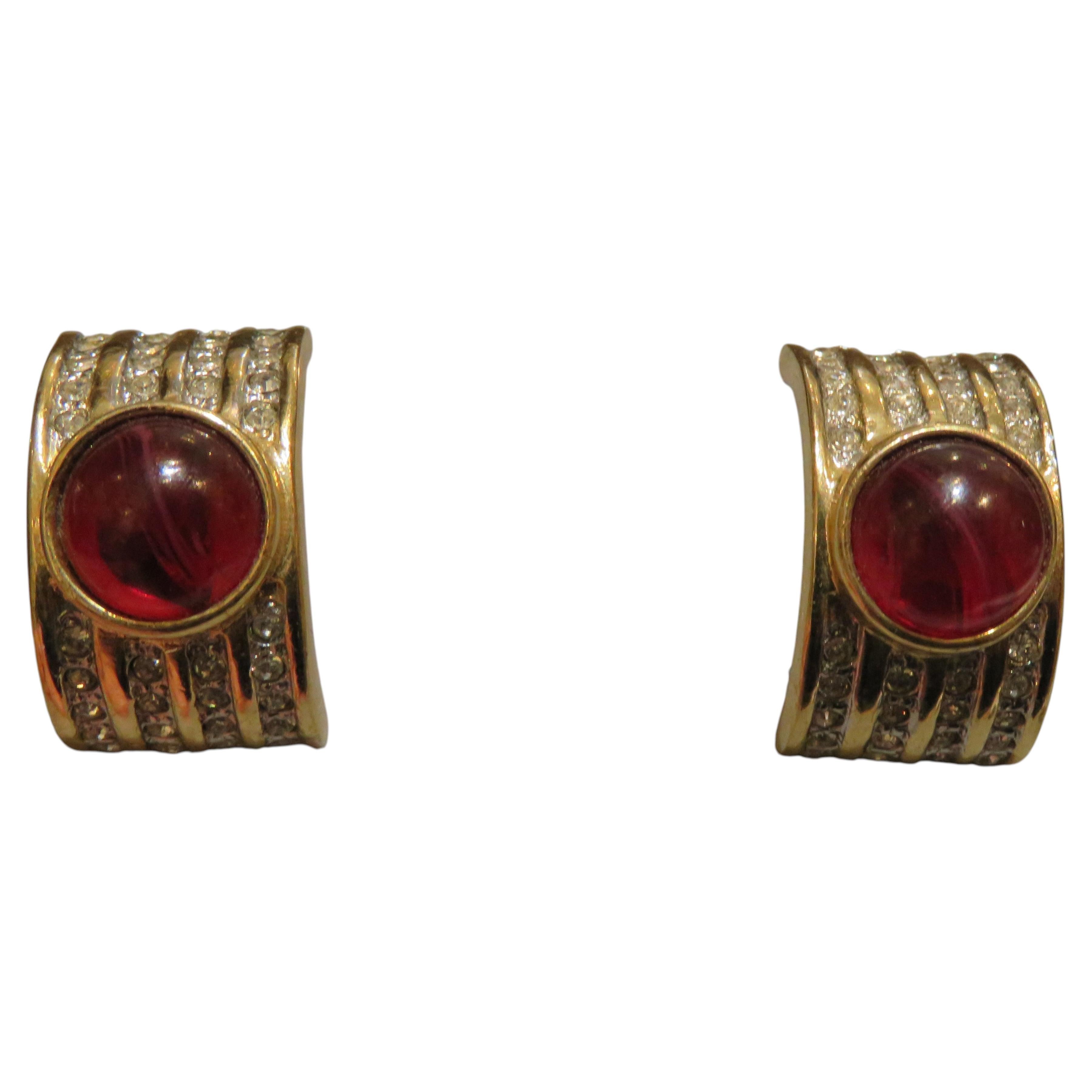 Rare Designer Style 18KT Overlaid Gold Synthetic Cabochon Amber Stone Earrings