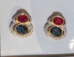 Rare Designer Style Estate 18KT Overlaid Gold Ruby and Sapphire Stone Earrings