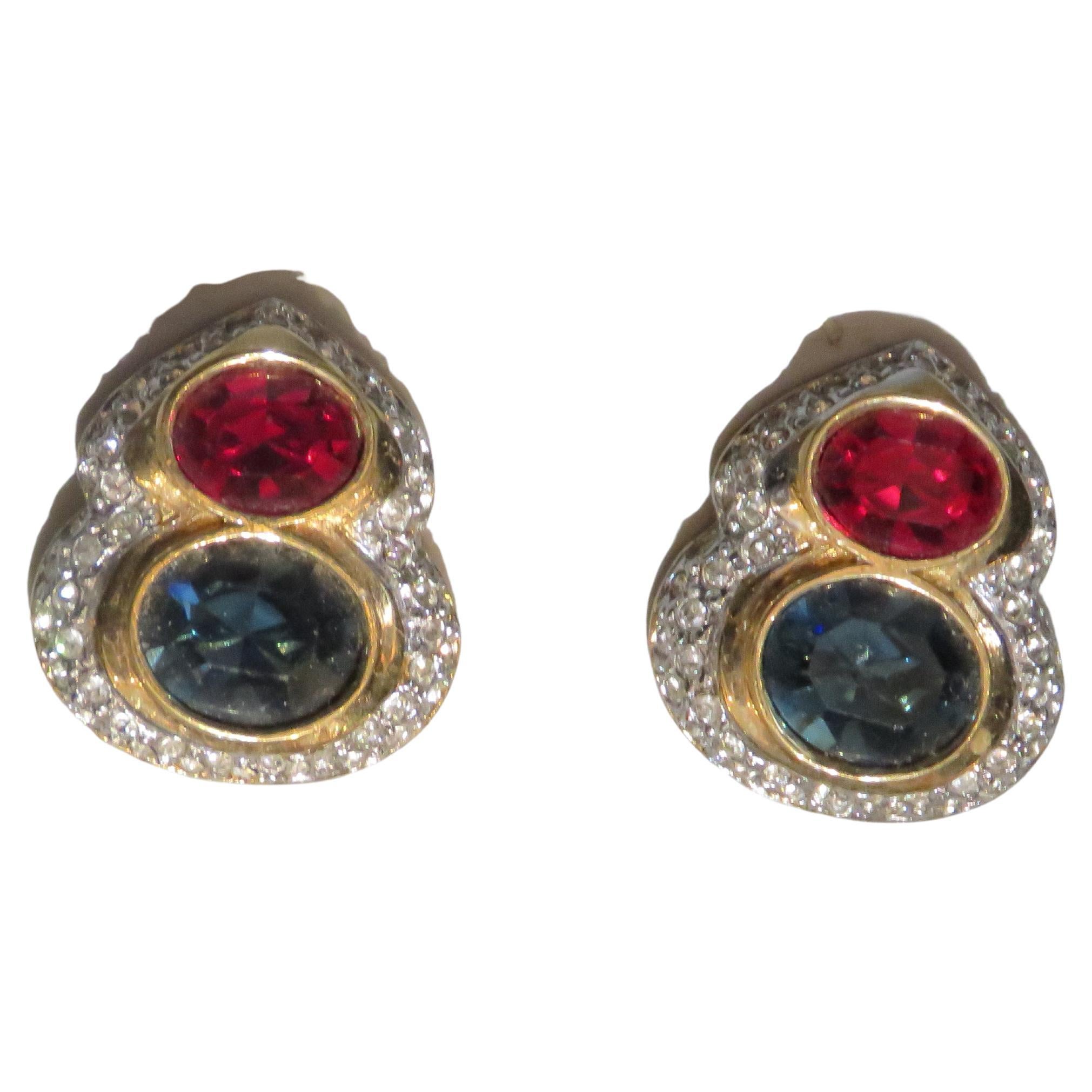 Rare Designer Style Estate 18KT Overlaid Gold Ruby and Sapphire Stone Earrings
