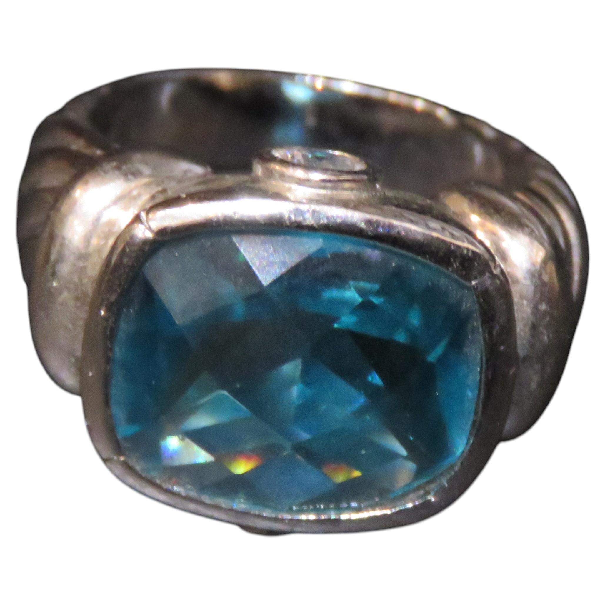 Rare Designer Style Estate Sterling Silver Aquamarine Stone Ring