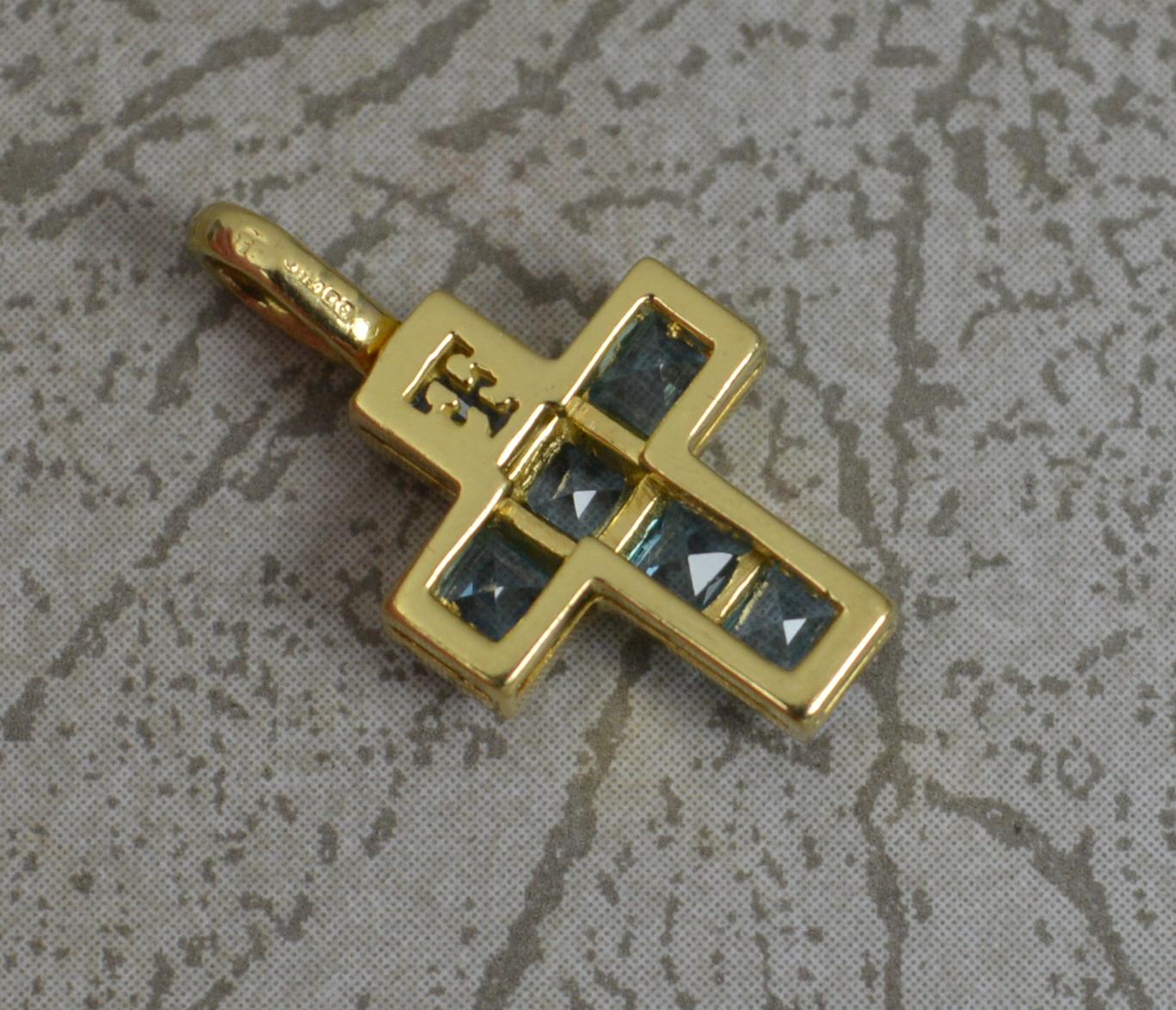 Rare Designer Theo Fennell 18ct Yellow Gold and Blue Topaz Cross Pendant For Sale 1