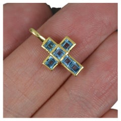 Rare Designer Theo Fennell 18ct Yellow Gold and Blue Topaz Cross Pendant