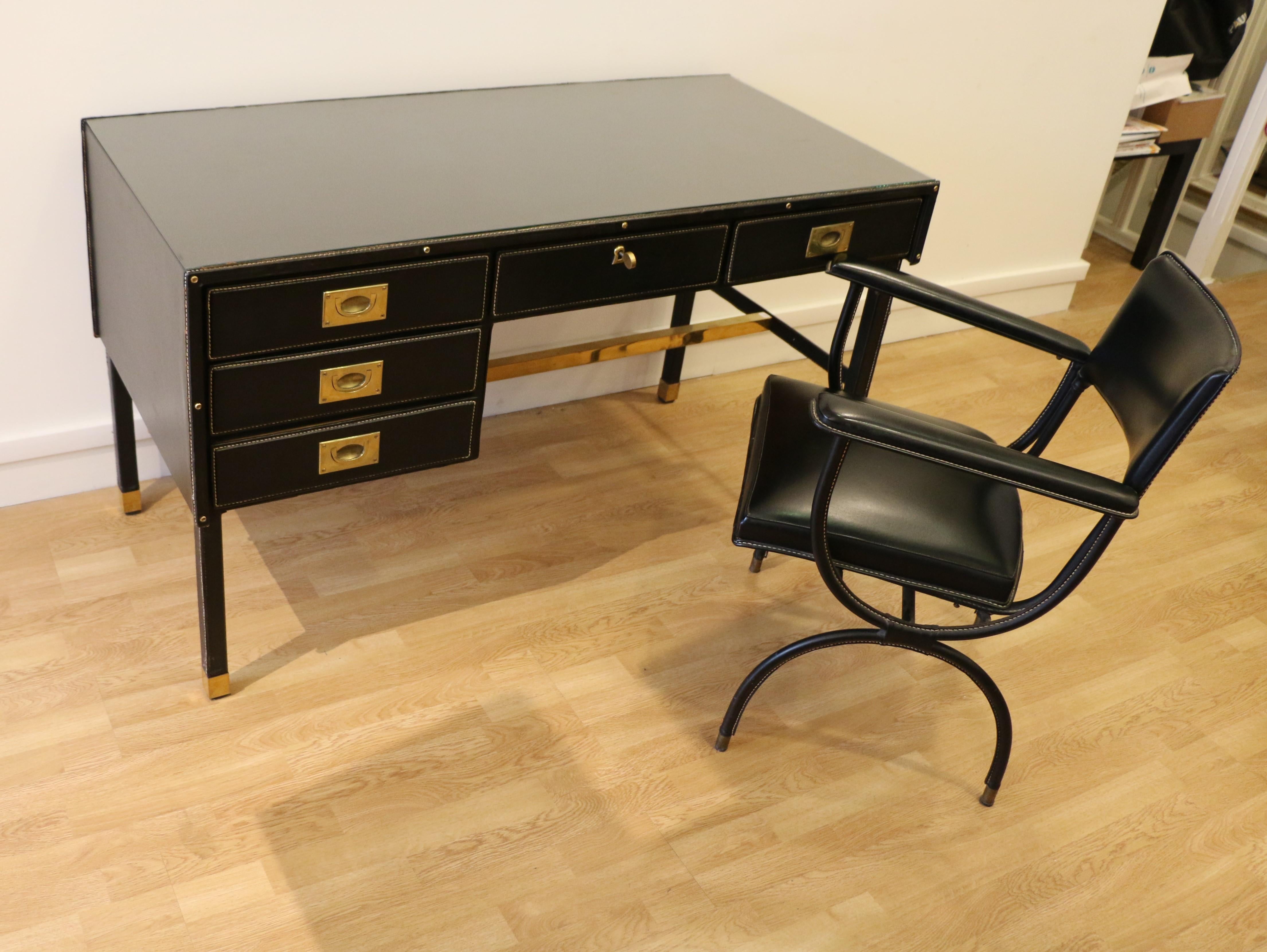 Rare Desk and Armchair by Jacques Adnet, Stitched Leather and Skaï, 1950s For Sale 2