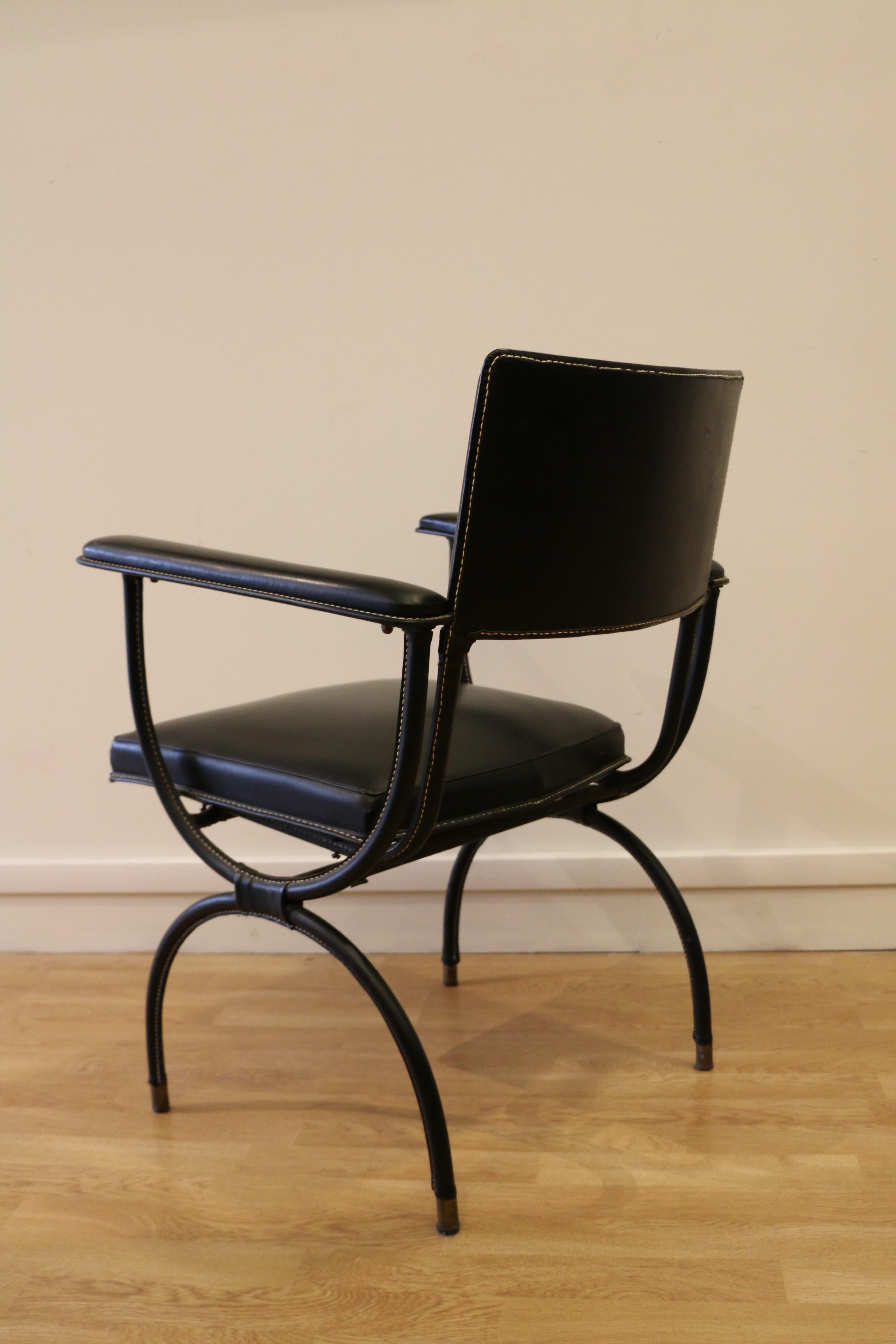 Rare Desk and Armchair by Jacques Adnet, Stitched Leather and Skaï, 1950s For Sale 6