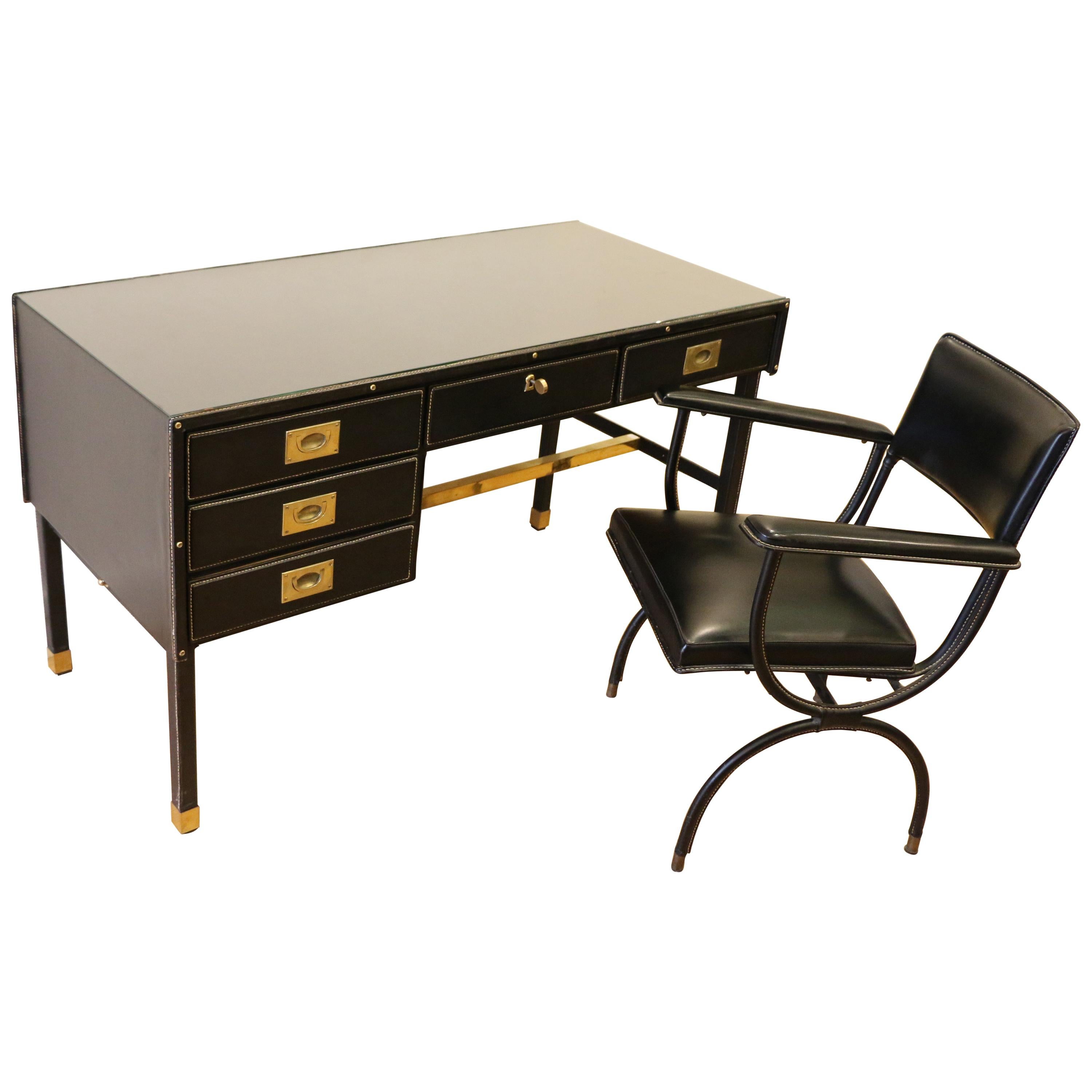 Rare Desk and Armchair by Jacques Adnet, Stitched Leather and Skaï, 1950s