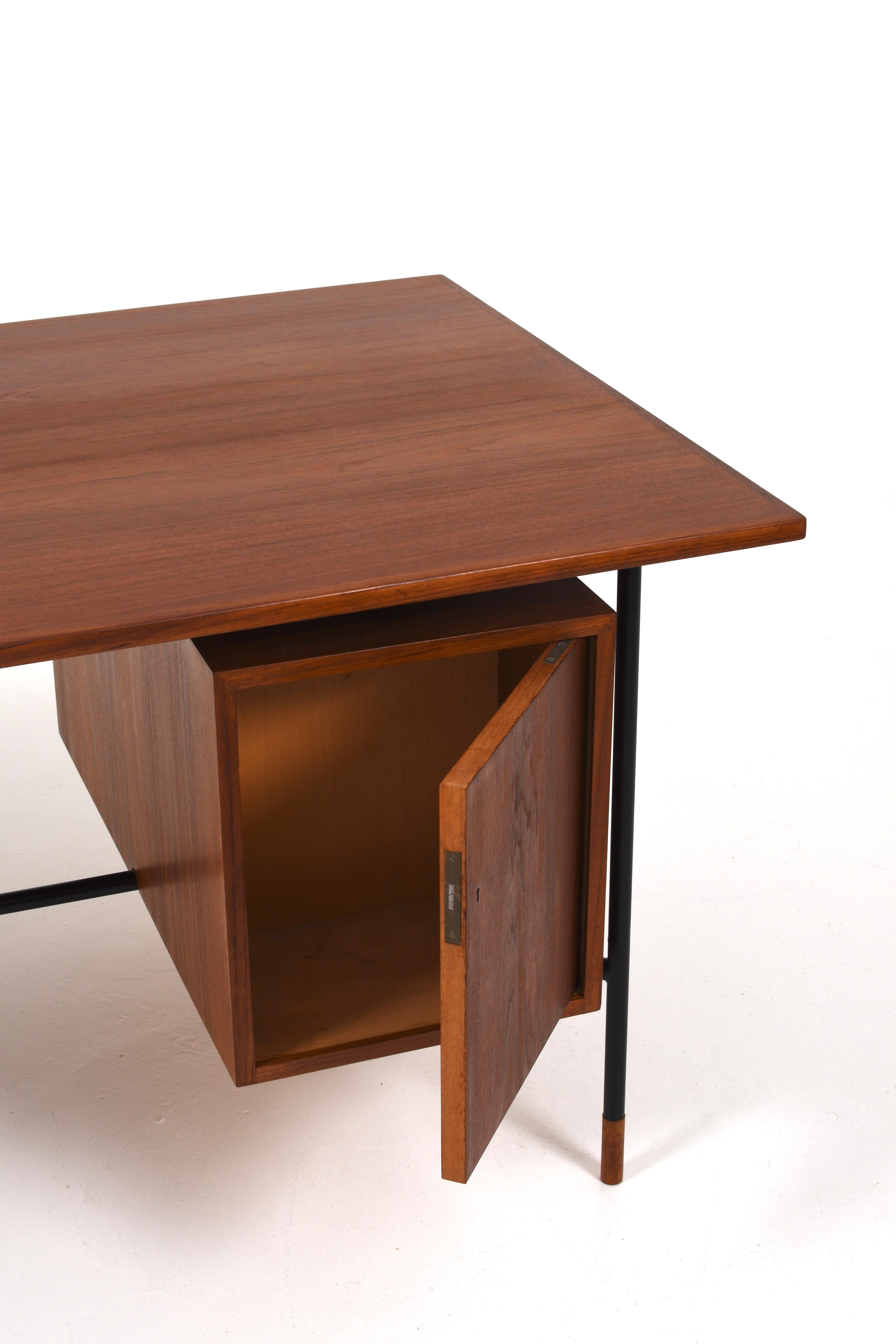 Steel Rare Desk H-55 by Åke Hassbjer in teak and steel base, 1950s For Sale