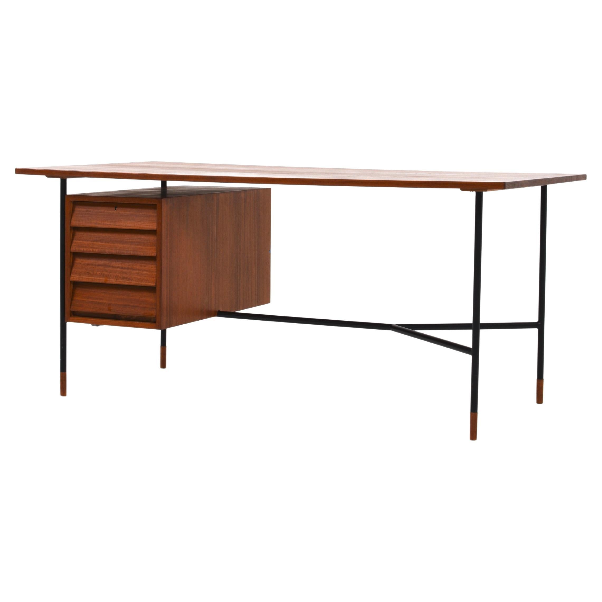 Rare Desk H-55 by Åke Hassbjer in teak and steel base, 1950s For Sale