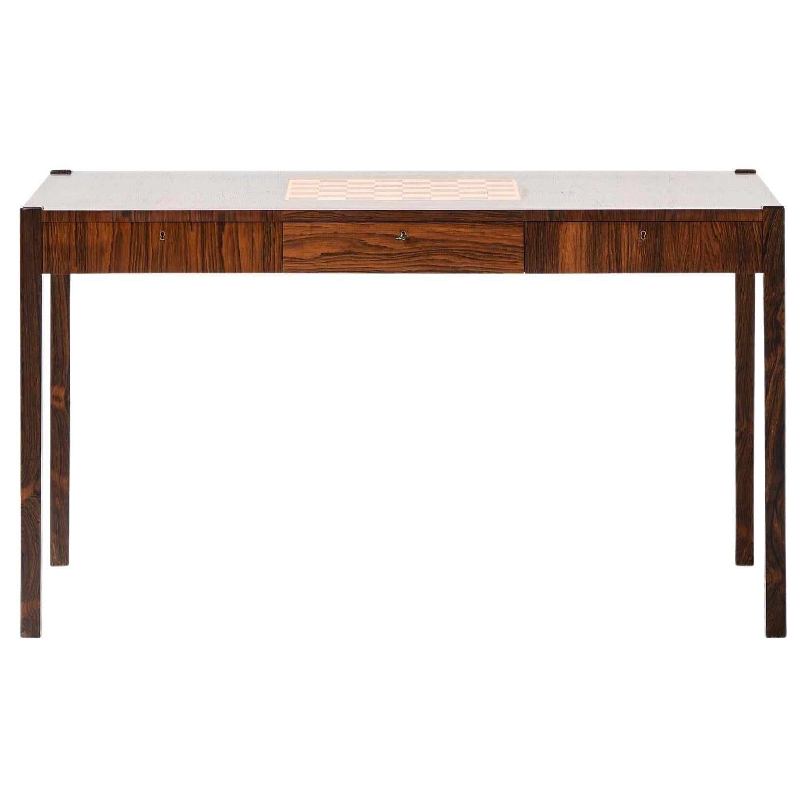 Rare bureau ou table de bibliothèque en laiton et palissandre, années 1950
