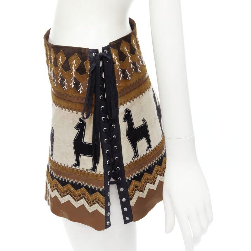 Beige rare D&G DOLCE GABANNA Native American aboriginal aztec suede mini skirt S For Sale