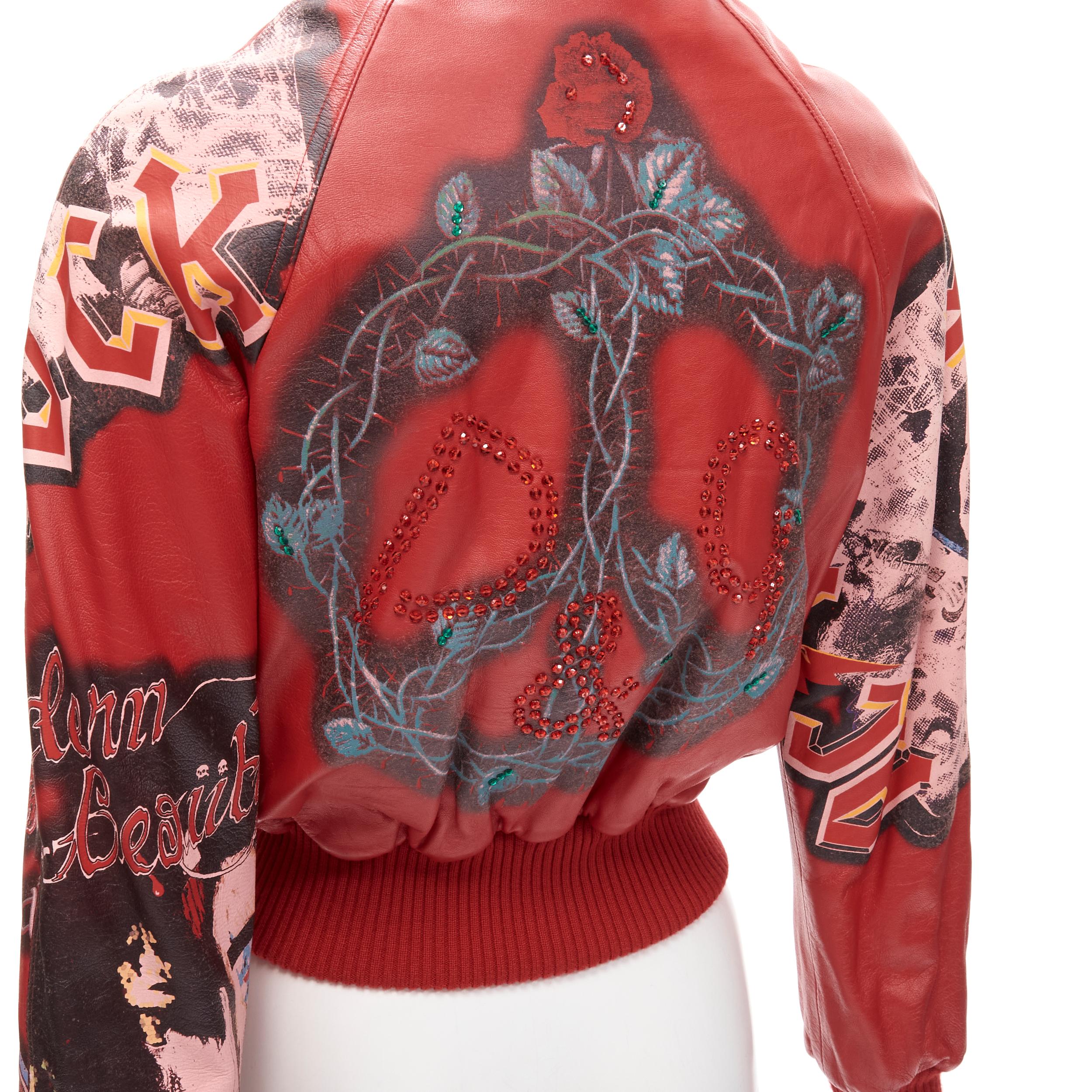 rare D&G DOLCE GABBANA Vintage 2001 Runway Acid Rock rock leather bomber IT38 XS 
Reference: ANWU/A00745 
Brand: D&G 
Collection: Fall Winter 2001 Runway 
Material: Leather 
Color: Red 
Pattern: Rock Roll band print 
Closure: Zip 
Extra Detail: