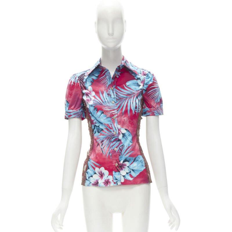 rare D&G DOLCE GABBANA Vintage blue pink sheer lace panel side Hawaiian shirt XS en vente 5