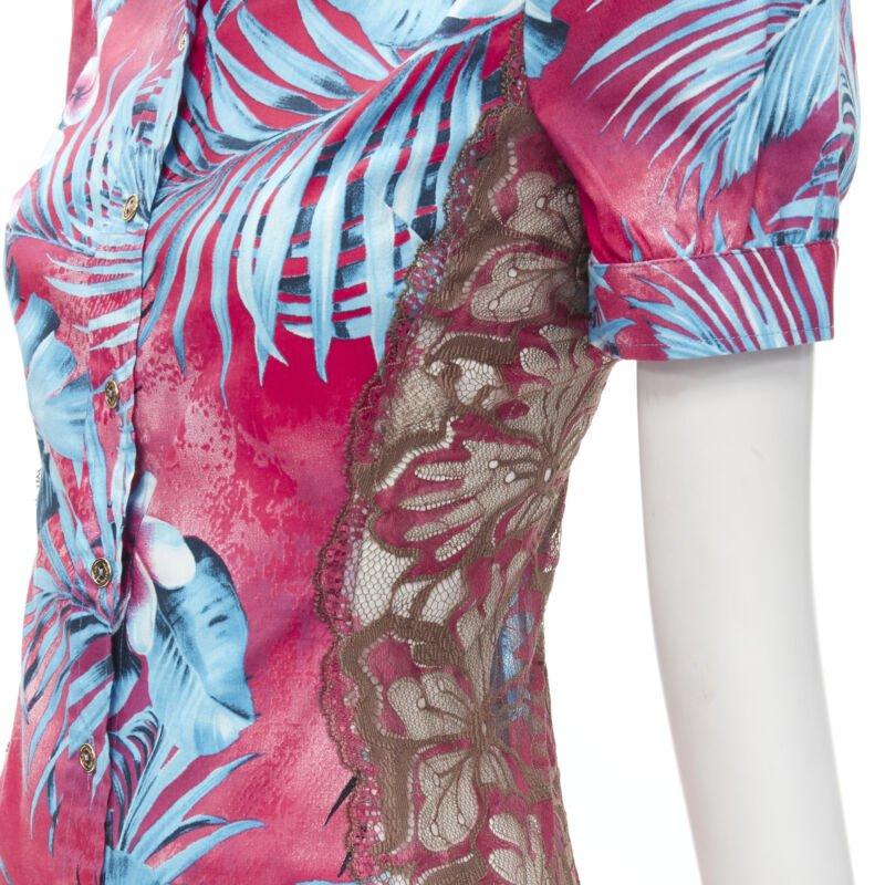 Gris rare D&G DOLCE GABBANA Vintage blue pink sheer lace panel side Hawaiian shirt XS en vente