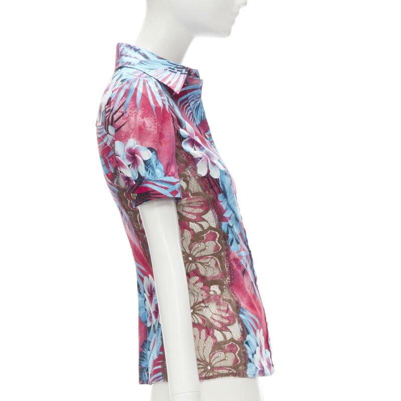 rare D&G DOLCE GABBANA Vintage blue pink sheer lace panel side Hawaiian shirt XS Excellent état - En vente à Hong Kong, NT
