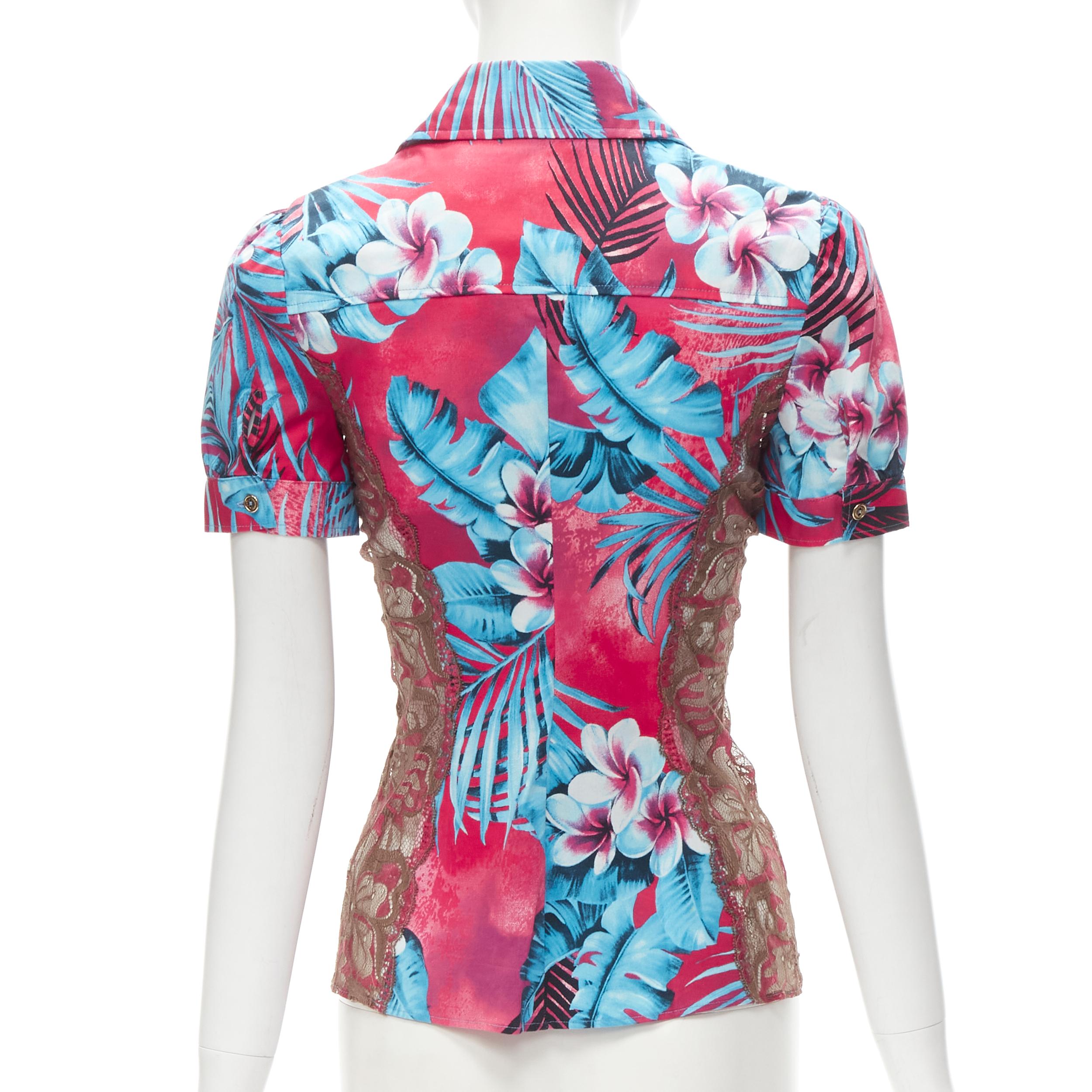Women's rare D&G DOLCE GABBANA Vintage blue pink sheer lace panel side Hawaiian shirt XS For Sale