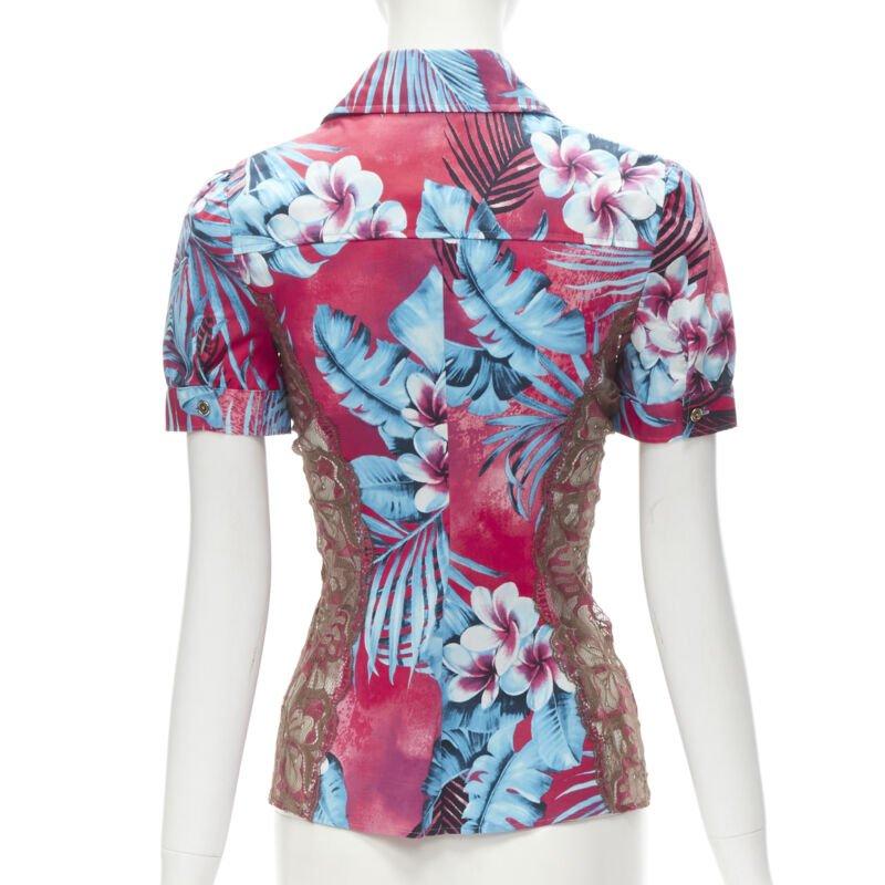 rare D&G DOLCE GABBANA Vintage blue pink sheer lace panel side Hawaiian shirt XS Pour femmes en vente