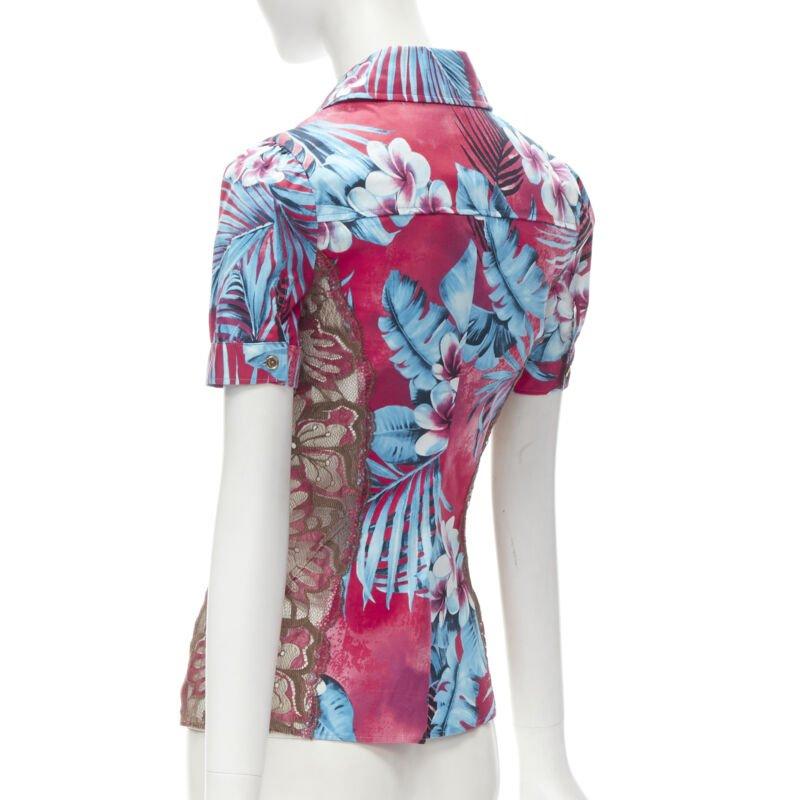 rare D&G DOLCE GABBANA Vintage blue pink sheer lace panel side Hawaiian shirt XS en vente 1