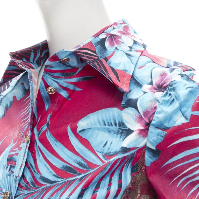 rare D&G DOLCE GABBANA Vintage blue pink sheer lace panel side Hawaiian shirt XS en vente 2