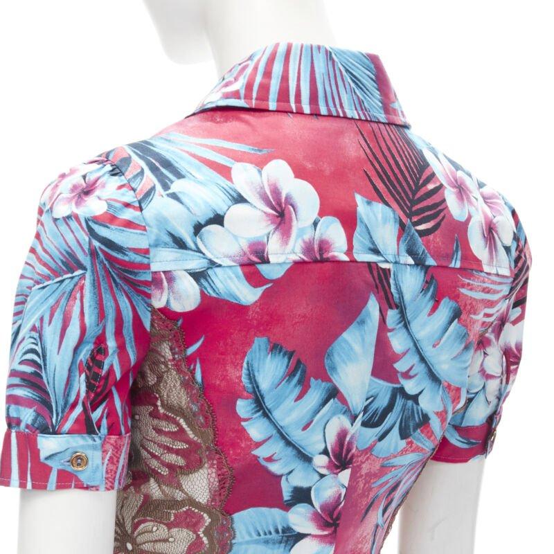 rare D&G DOLCE GABBANA Vintage blue pink sheer lace panel side Hawaiian shirt XS en vente 3